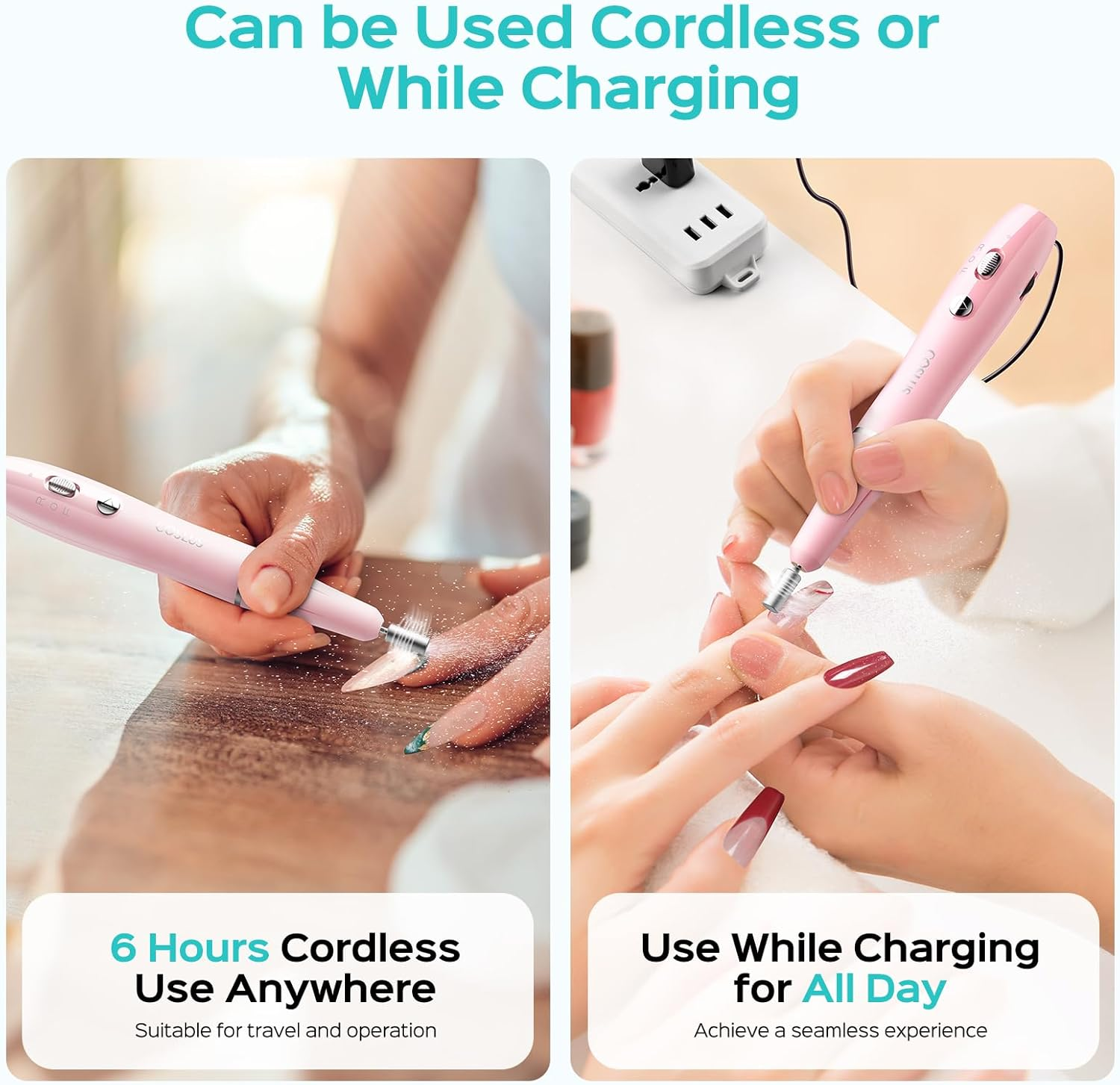 COSLUS Cordless Electric Nail Drill File: Nail Drill Machine with Stepless Speed Knob for Acrylic Gel Dip Powder Polish, Professional Portable Manicure Pedicure Rechargeable for Home Salon Use Pink - Purple image number 3