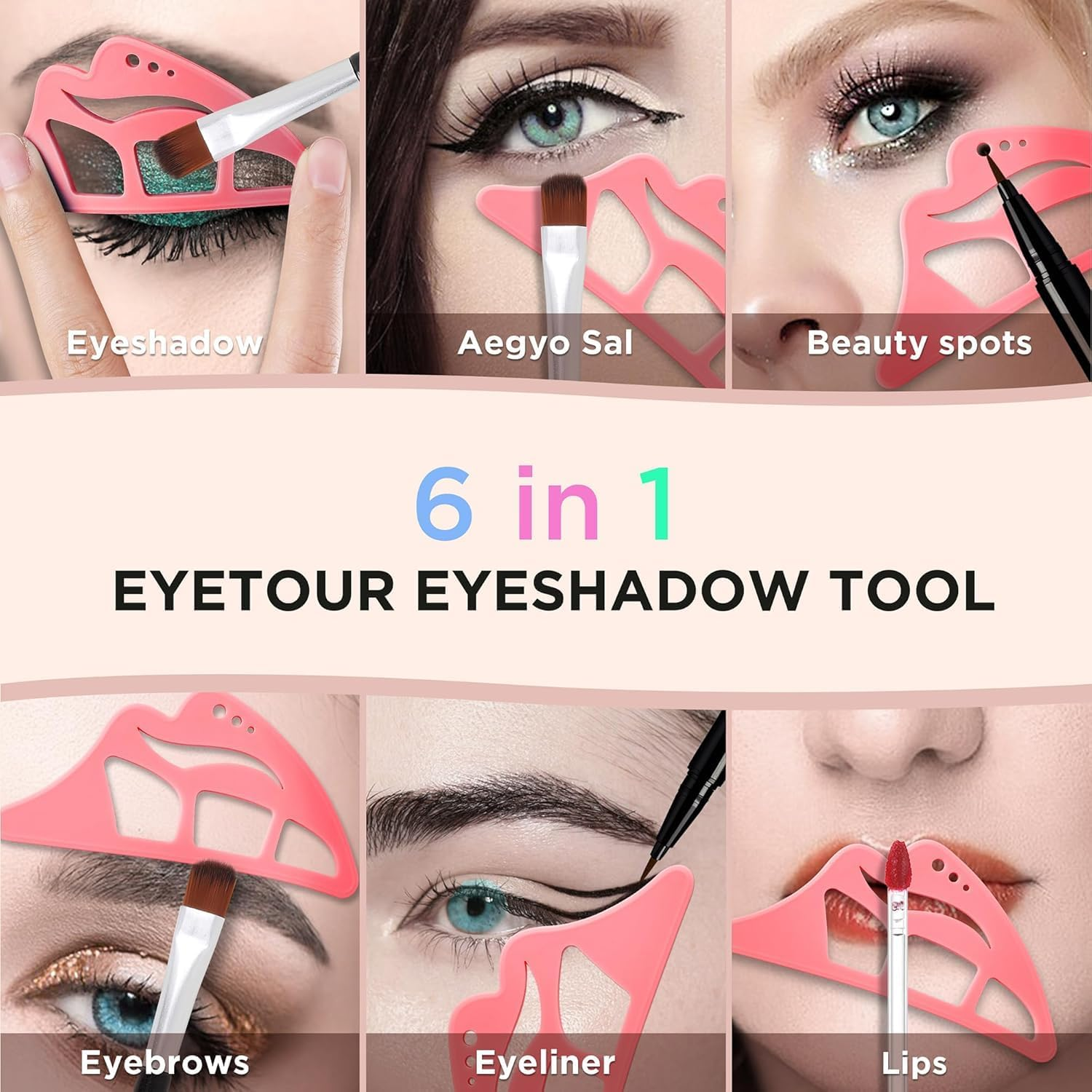 Eyeshadow Stencil 6 in 1 Silicone Eyeshadow Tool,Eye Makeup Template,Reusable Eye Makeup Aid Stencils for Make up Beginners & Women (Pink) image number 3