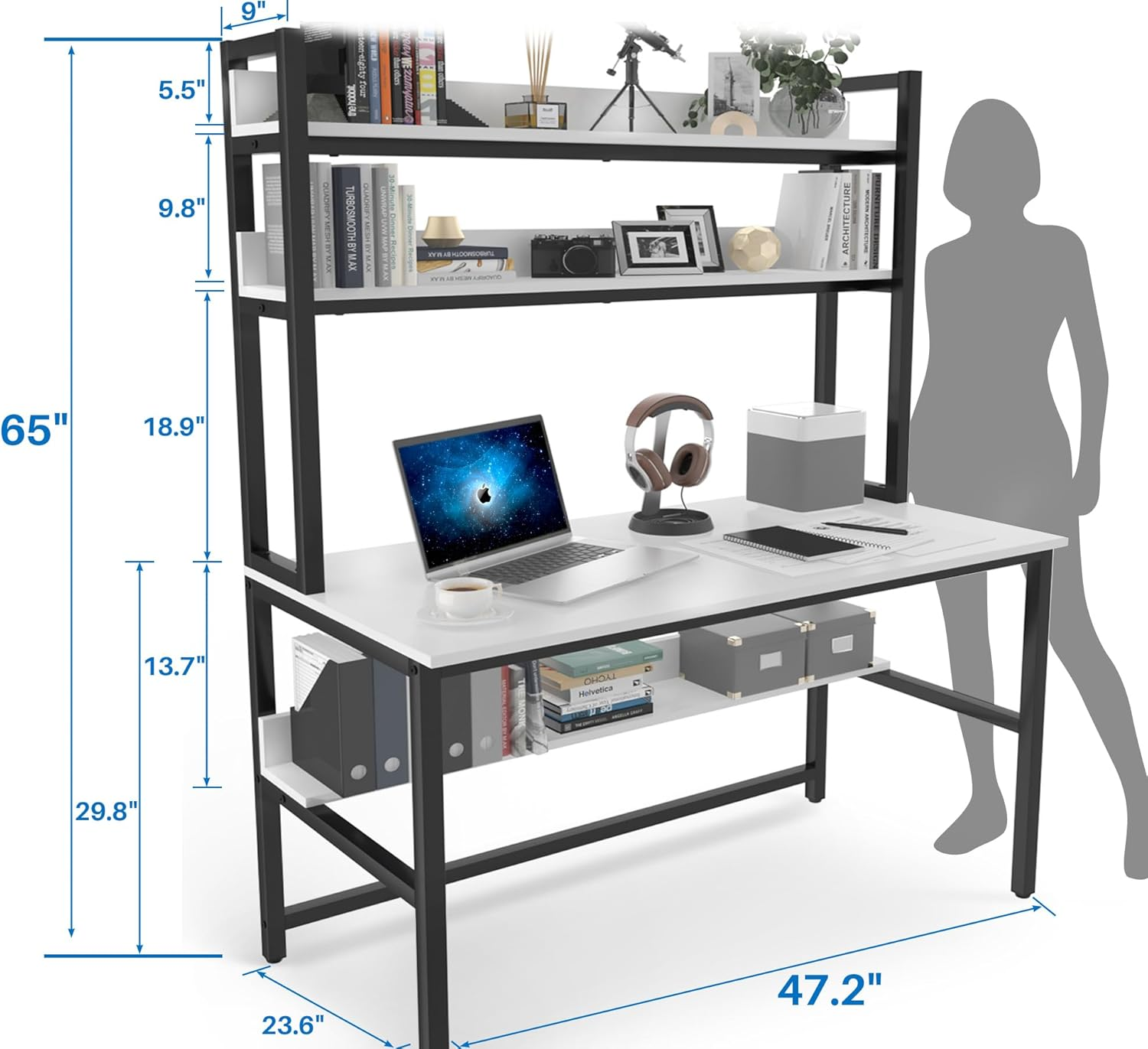 Aquzee Computer Desk with Hutch and Shelves for Small Spaces, Modern Ergonomic Home Office Design, Easy Assembly, 120Cmw&times;61Cmd&times;165Cmh,White image number 6