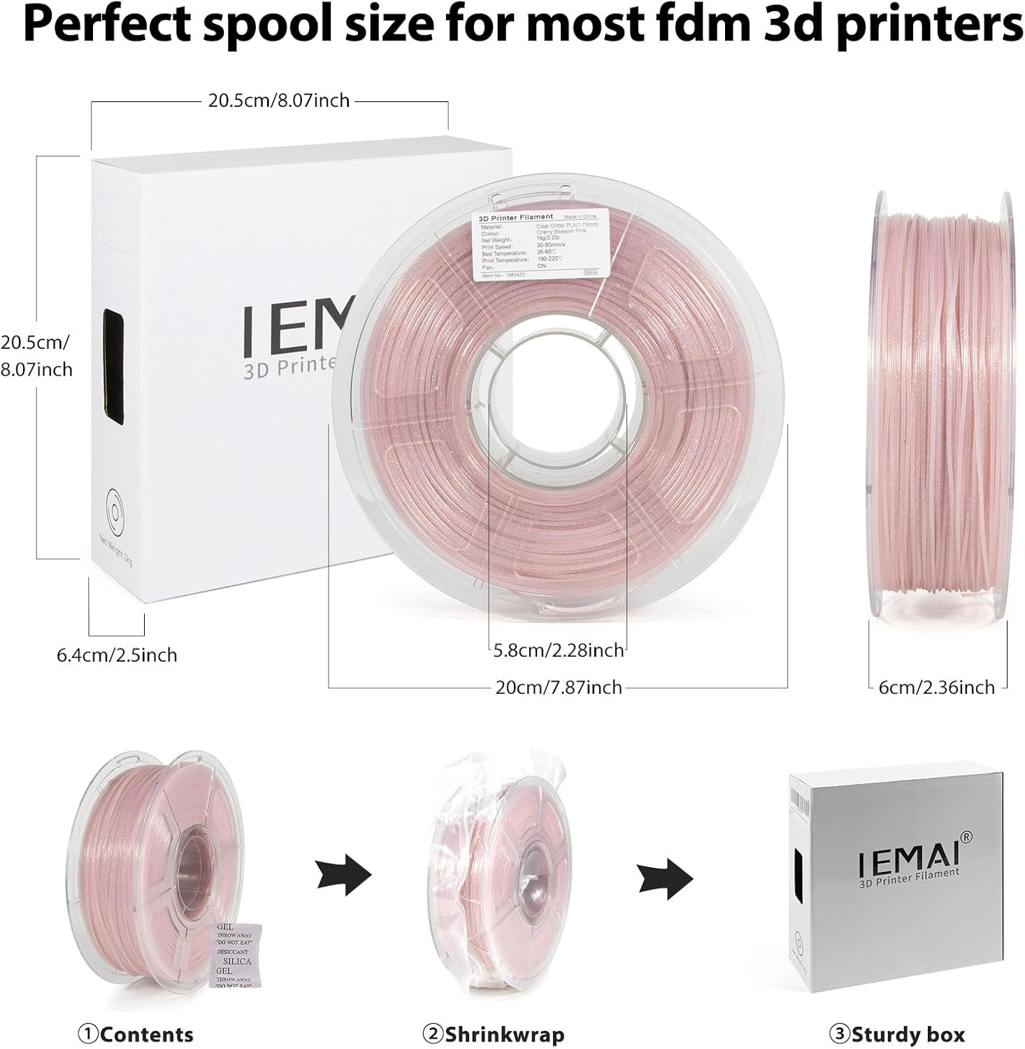 IEMAI Clear PLA Filament 1.75Mm 1Kg, Glitter Transparent PLA Cherry Blossom Pink 3D Printer Filament, Dimensional Accuracy +/- 0.02 Mm