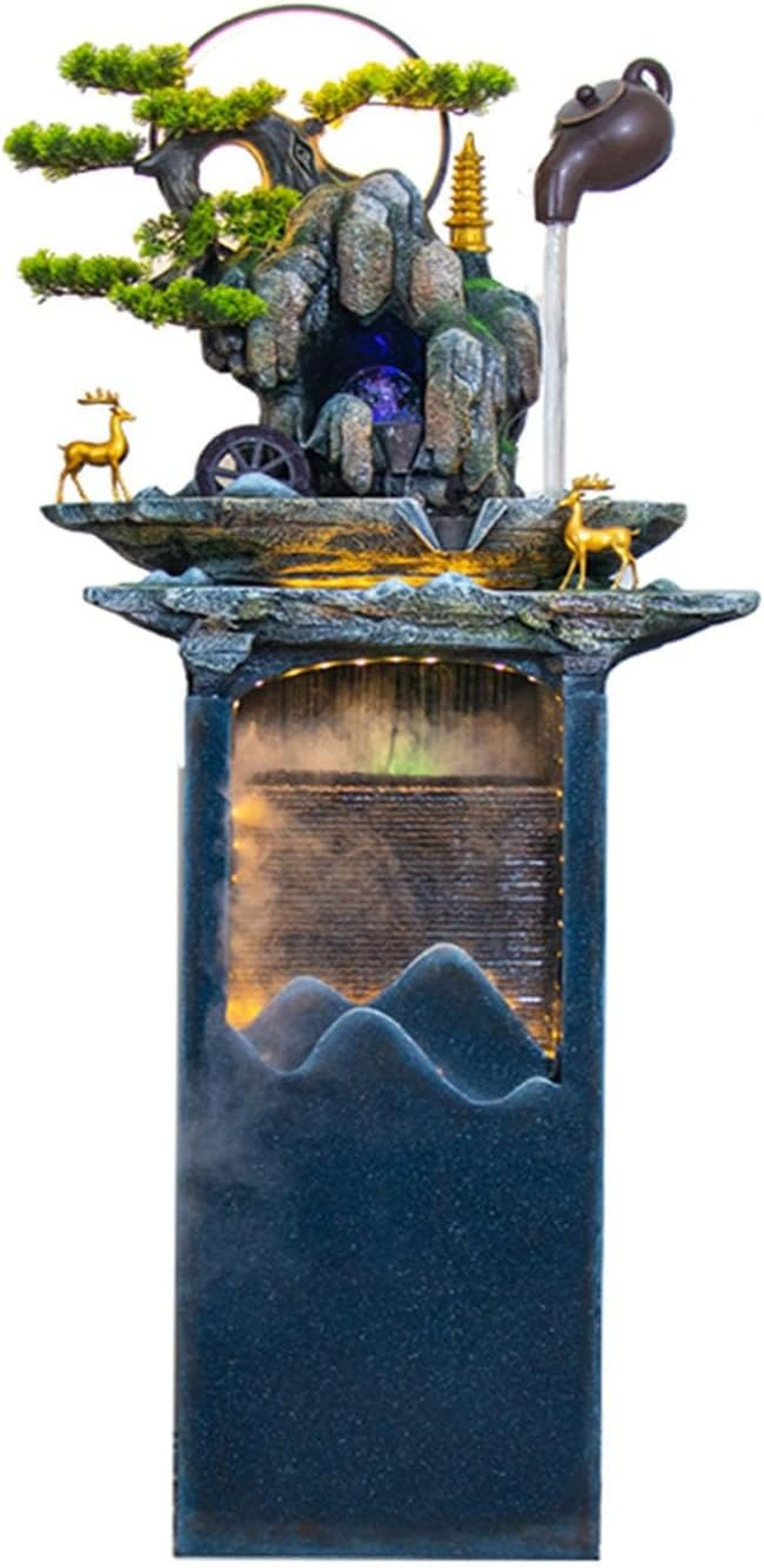 Outdoor Fountain Floor Standing Fountain with Hanging Teapot and Simulated Pine Tree, Indoor Water Recirculation Decorative for Living Room image number 4