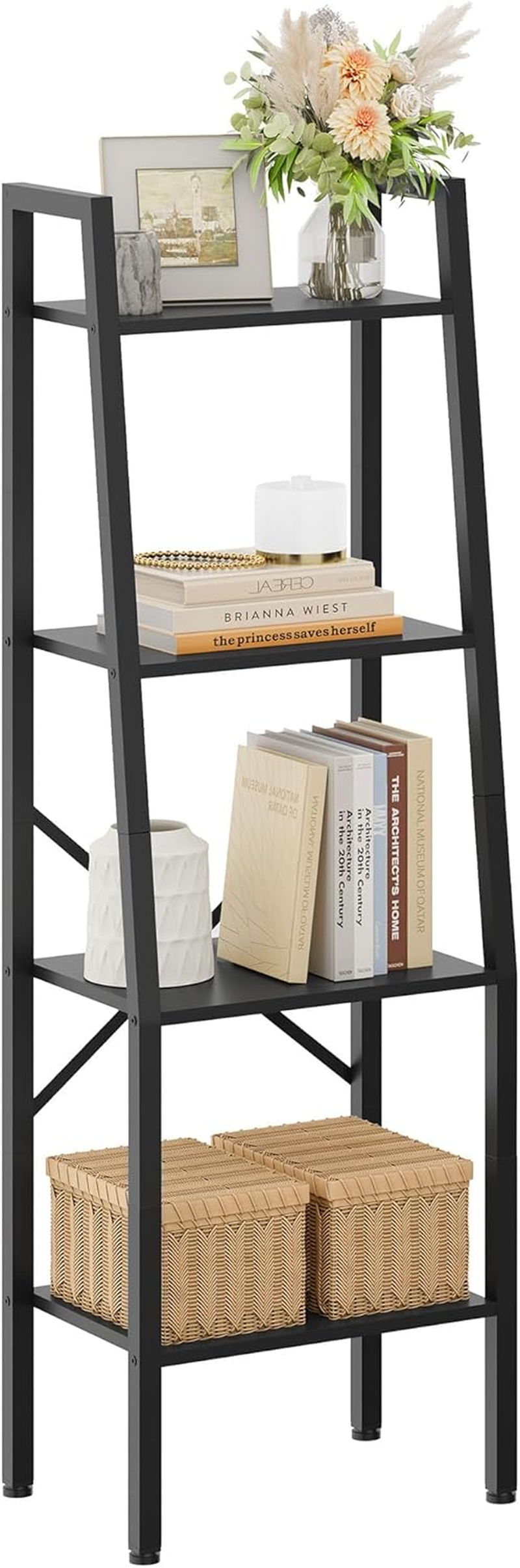 Hoctieon Ladder Shelf Bookcase, 4-Tier Ladder Bookshelf, Tall Bookshelf with Metal Frame, Industrial Bookshelf Ladder, for Living Room, Kitchen, Home Office, Bedroom, Simple Assembly, Black image number 6