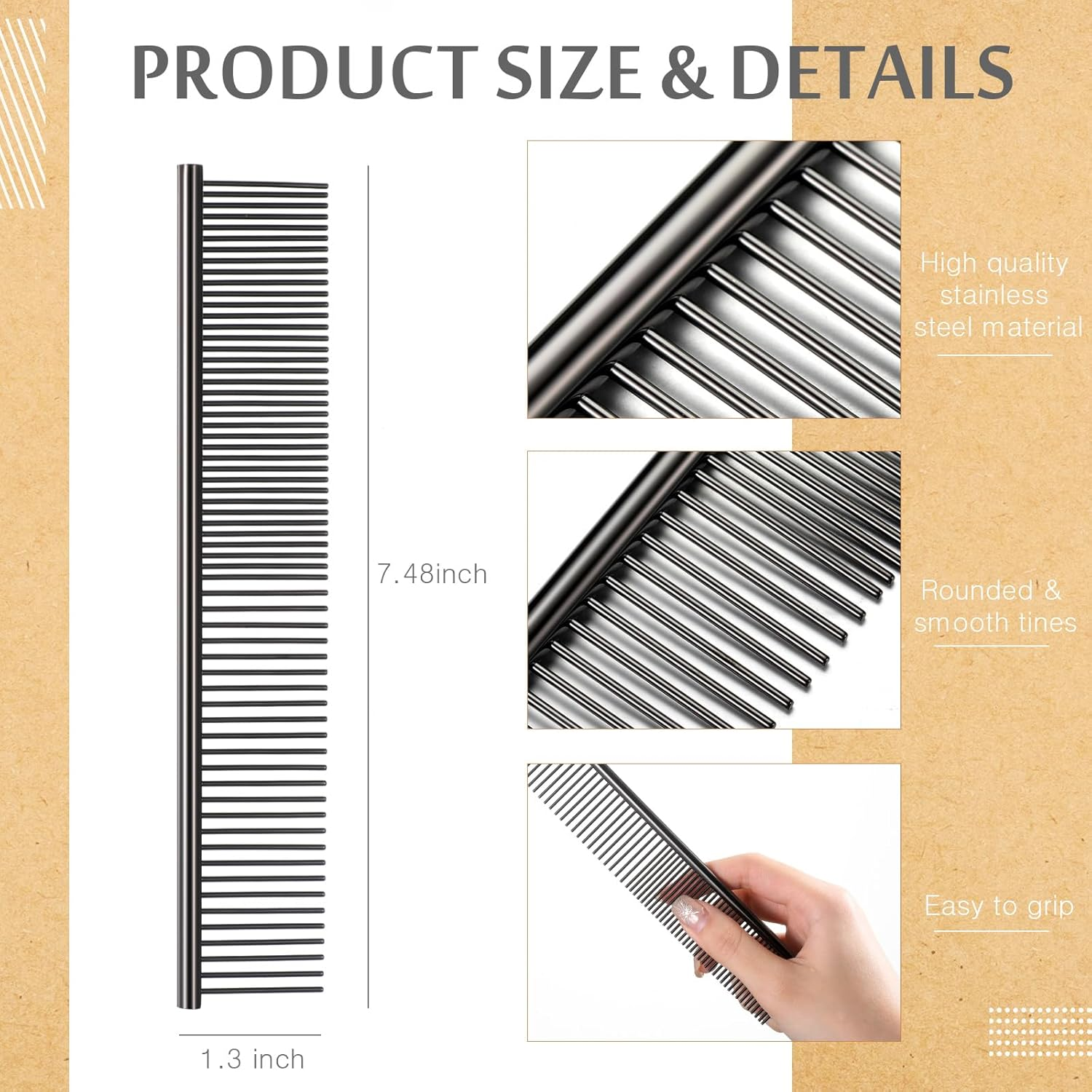 Boao Stainless Steel Pet Comb Pet Grooming Comb Rounded Teeth Dog Comb for Large, Medium and Small Dogs and Cats with Tangled Short/Long Hair (19 X 3.3 Cm) image number 5