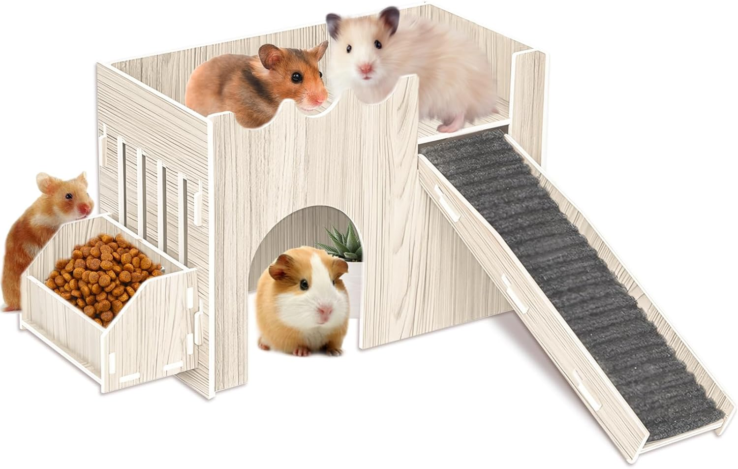 Wooden Guinea Pig Castle, Guinea Pig Houses and Hideouts with Feeding Basin, Rabbit Castle for Indoor Bunnies (Beige Color) image number 6