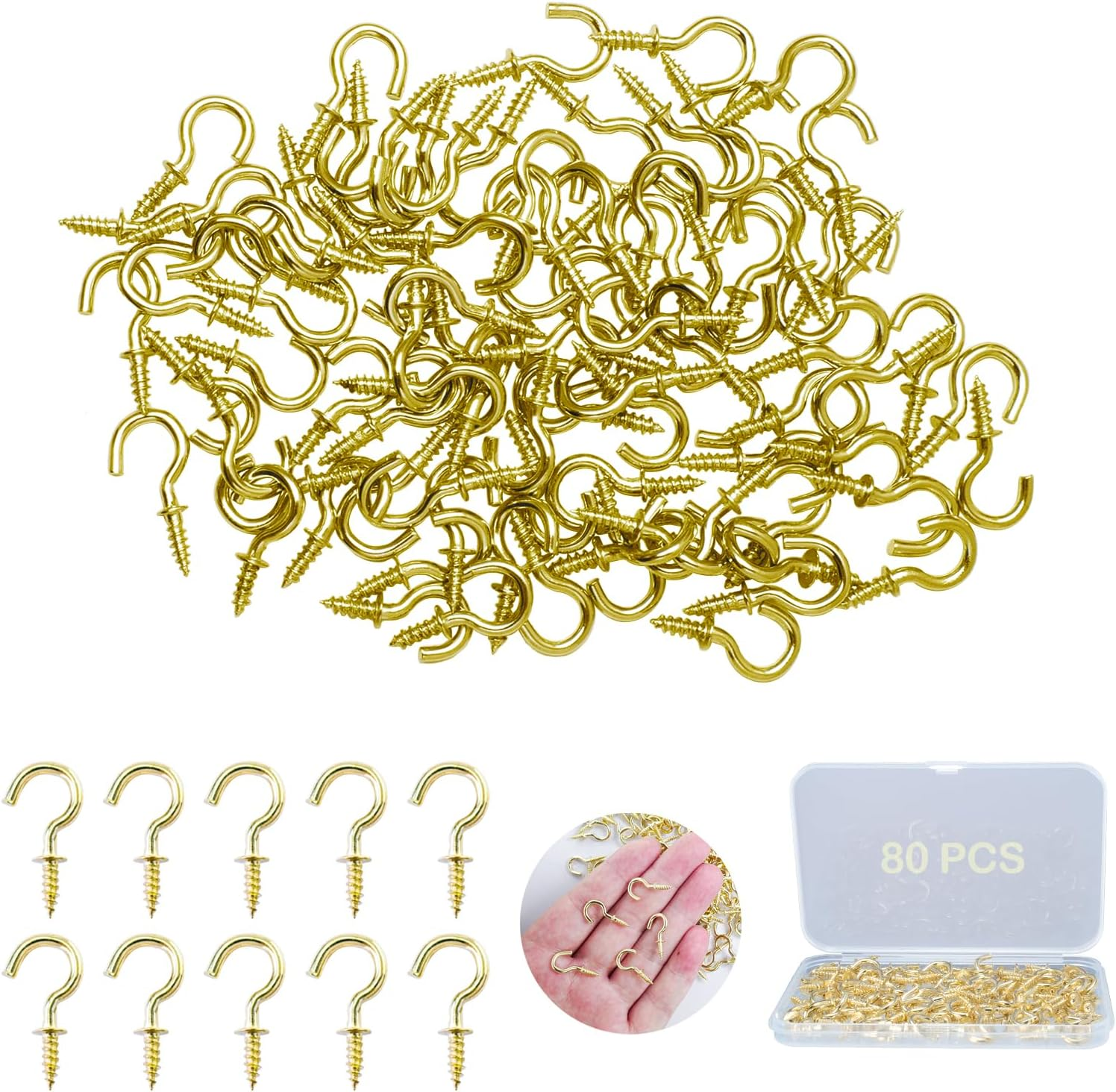 ZFKXGS Pack of 80 Small Screw Hooks Golden 1/2 Inch Hook Screws Set Mini Ceiling Hooks Screw-In Hooks Cup Hooks for Wood Hanging Garden Plants Art Christmas Decorations Keys with Box image number 3