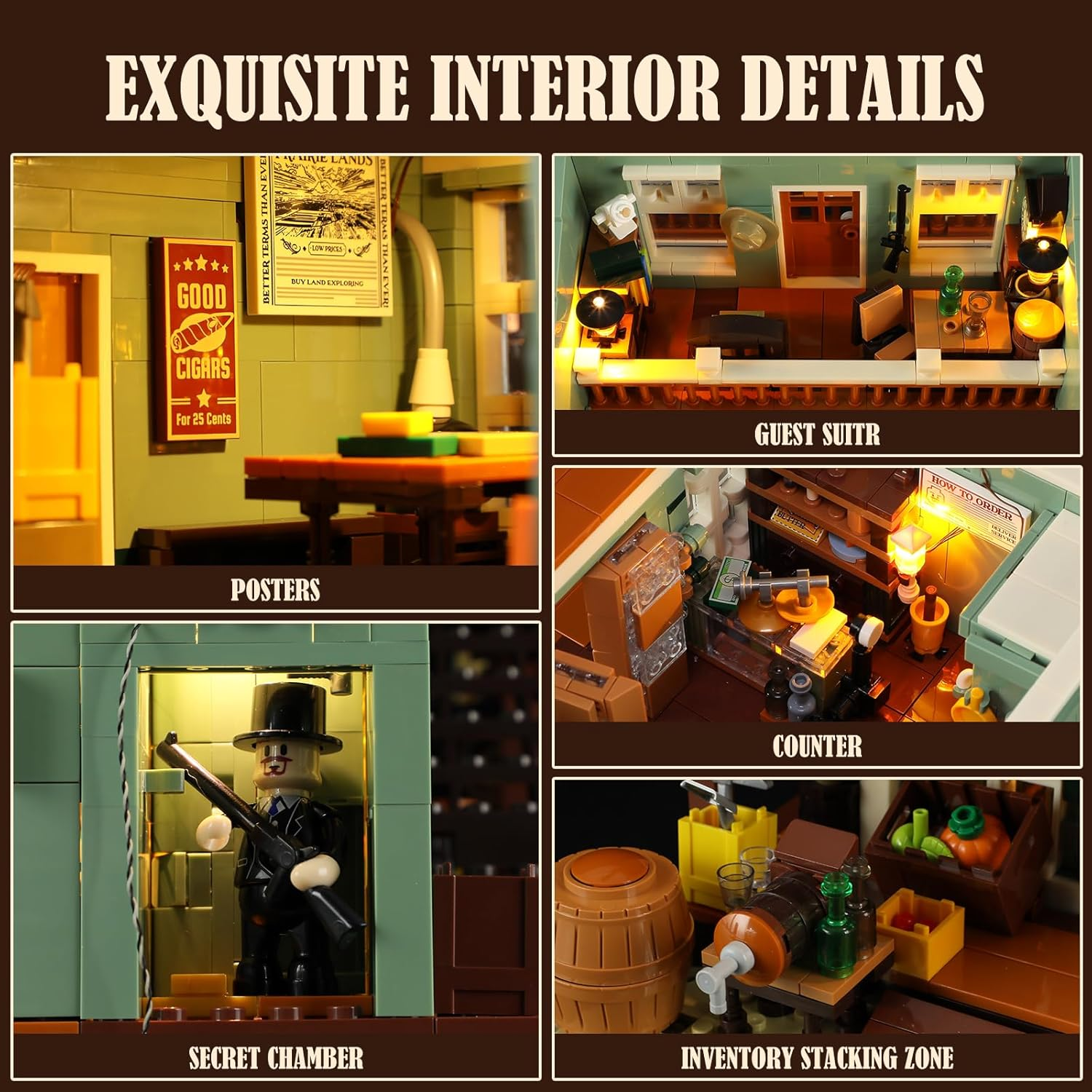 FUNWHOLE Western General Store Lighting Building-Bricks Set - 1895 Pcs the Old West Town Collection Display Set for Adults and West Lovers