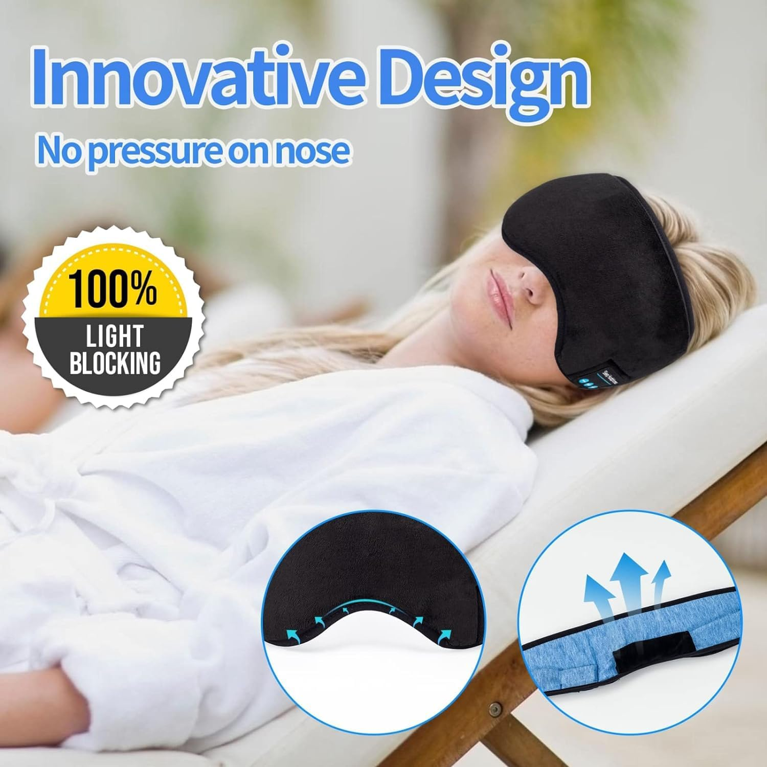 Bluetooth Sleeping Headphones,Perytong Skin-Friendly Wireless Music Bluetooth Sleep Eye Mask,Upgraded Travel Sleeping Headset,Bluetooth Handsfree Sleep Eye Shades Built-In Speakers Microphone Washable image number 3