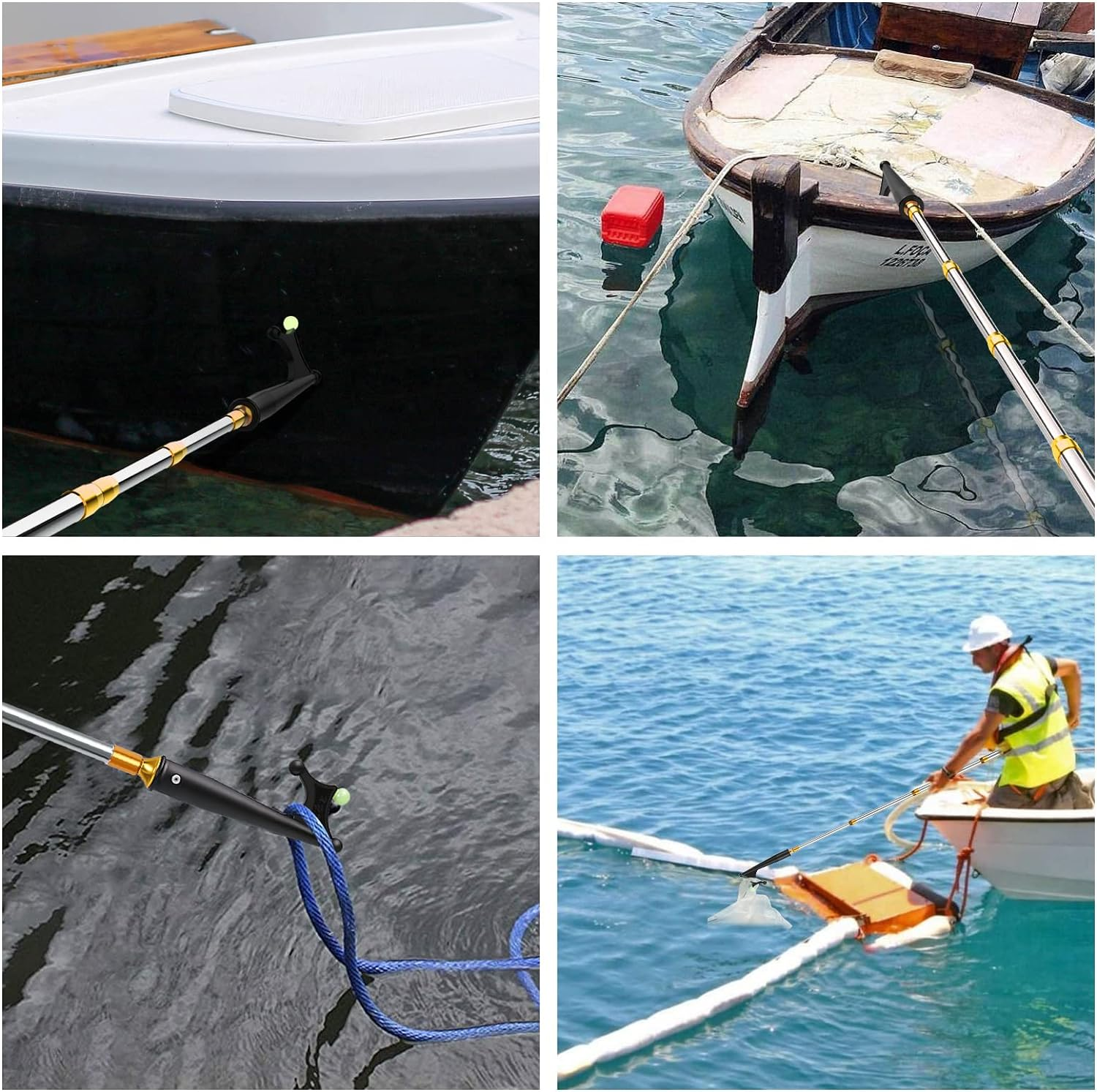 KOMCLUB Telescopic Boat Hook Stainless Steel Boat Push Hook Rod with Luminous Beads Docking Telescopic Rod TPR Non-Slip Handle Boating Accessories Hook Boat Device（Blue/Gold/Black） image number 1