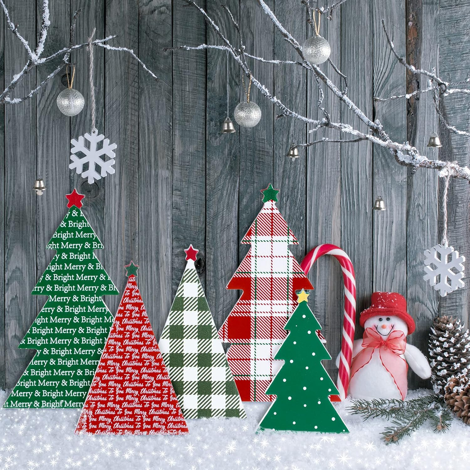 Whaline 5Pcs Wooden Christmas Tree Tabletop Decoration 3 Sizes Red Green Plaid Xmas Tree Table Centerpieces Rustic Sanding Christmas Tree Wood Sign for Home Office Fireplace Farmhouse image number 1