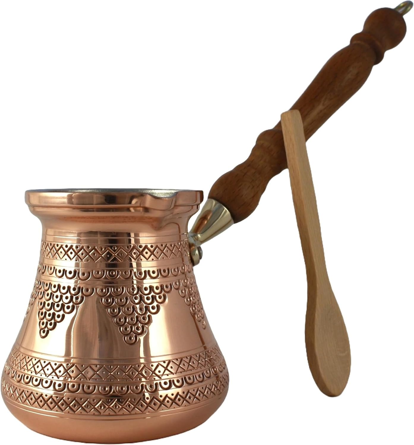 DEDE Copper - PCZ Series (Large-14Fl.Oz) - Thickest Solid Copper Engraved/Hammered Turkish Greek Arabic Coffee Pot with Wooden Handle, Stovetop Coffee Maker Cezve, Jezve, Jazva, Ibrik, Briki (Matte)