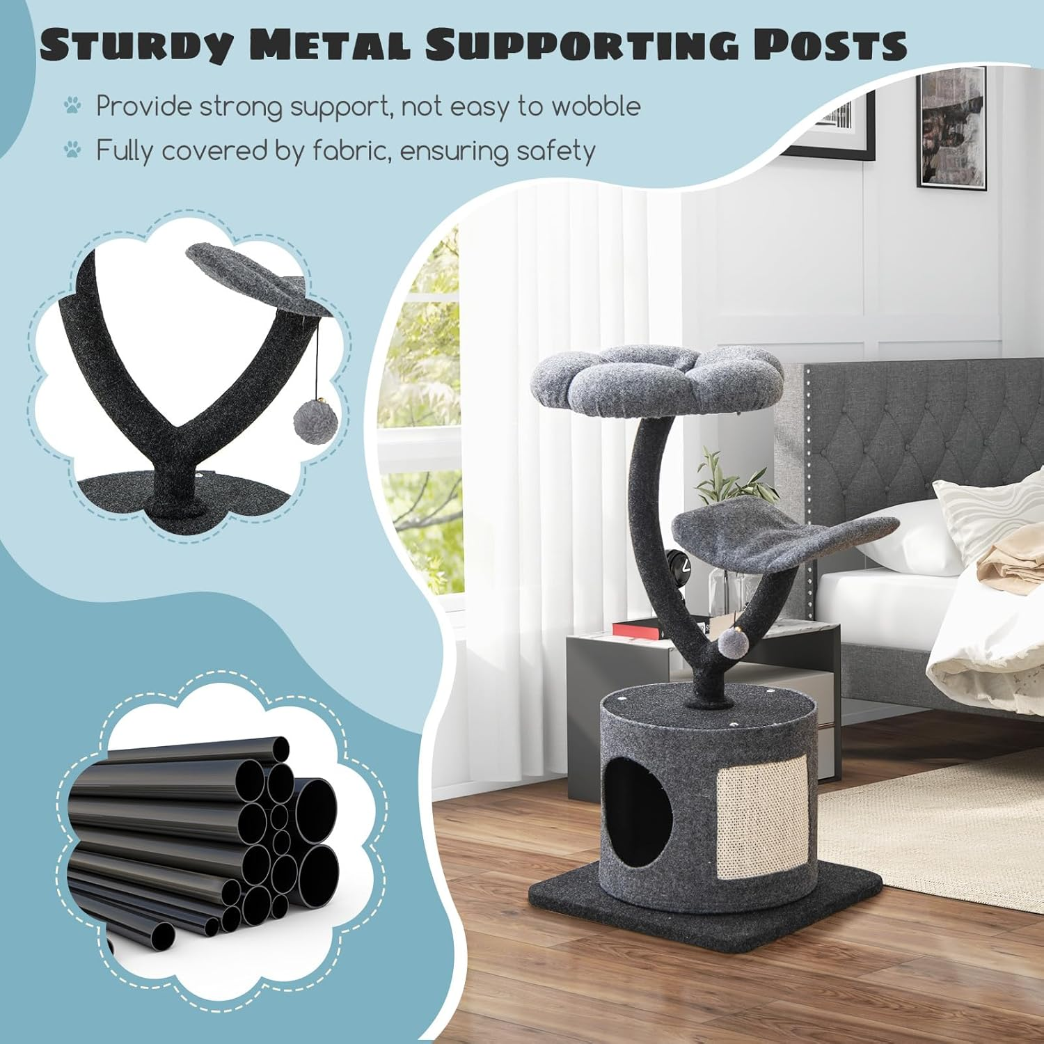 Costway Cat Tree for Indoor Cats, 88 Cm Tall Cat Tower W/Curved Metal Supporting Frame, Sisal Scratching Board, 2 Perches, Cat Condo, 3-Layer Cat Activity Center, Cat Furniture image number 3