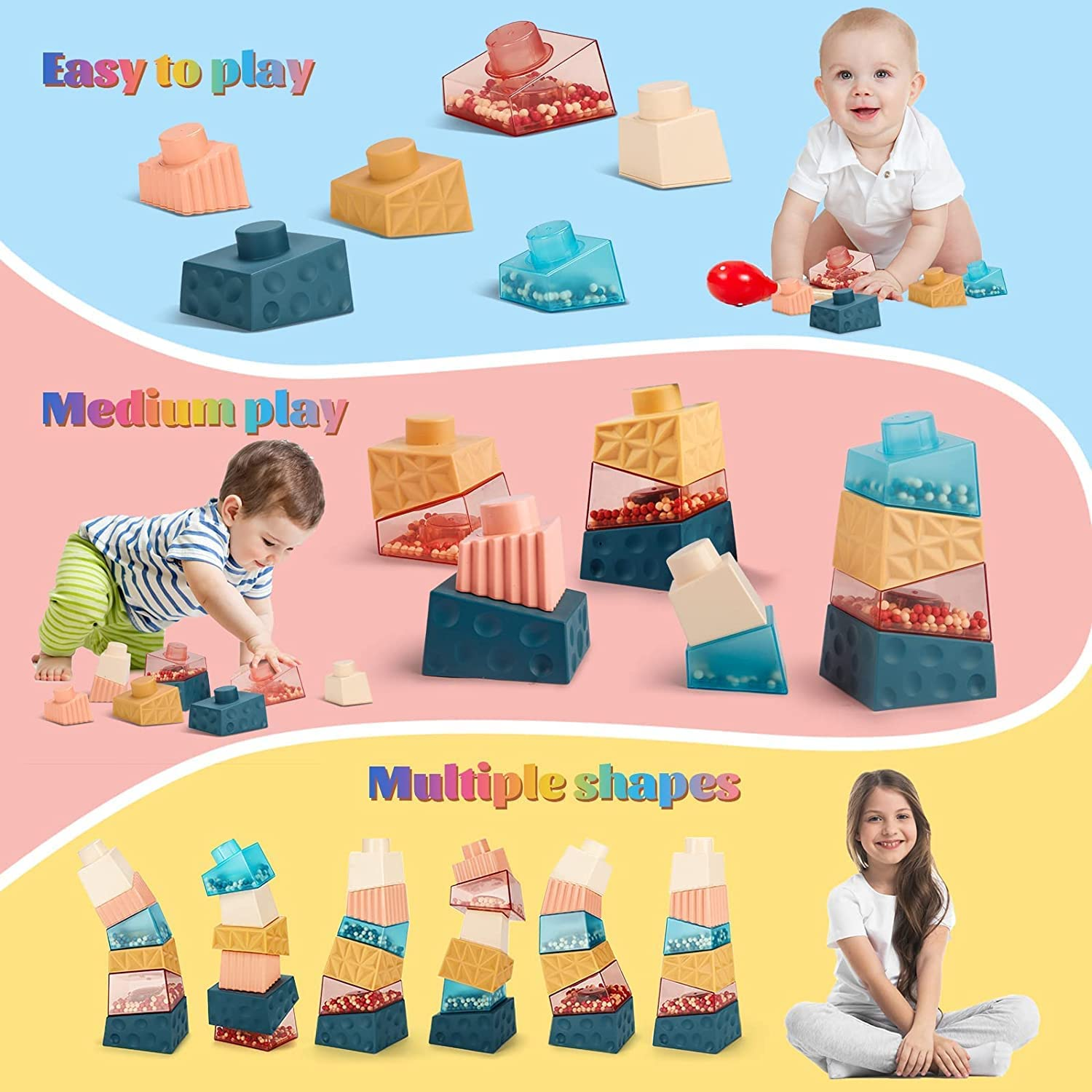 Cube Baby Stacking Toys Stacking Blocks Montessori Toys with Rattle Multi Color Stacking Rings Sensory Toys for Toddlers, 6PCS Stacking Tower Learning Education Boys and Girls image number 5
