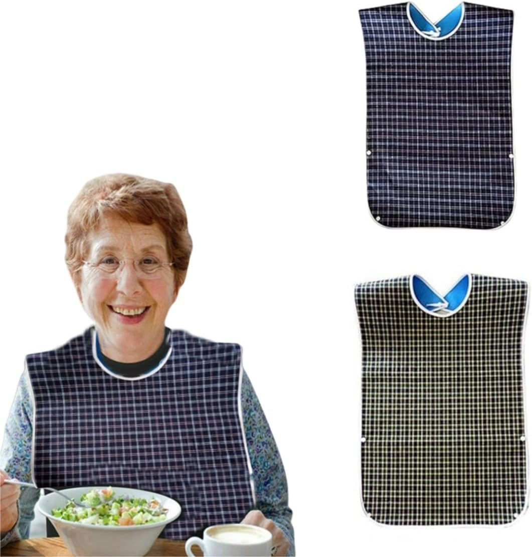 Waterproof and Reusable Washable Mealtime Clothing Protectors for Elderly Men and Women, Checkered, 2Pcs Adult Bibs with Crumb Catcher image number 2
