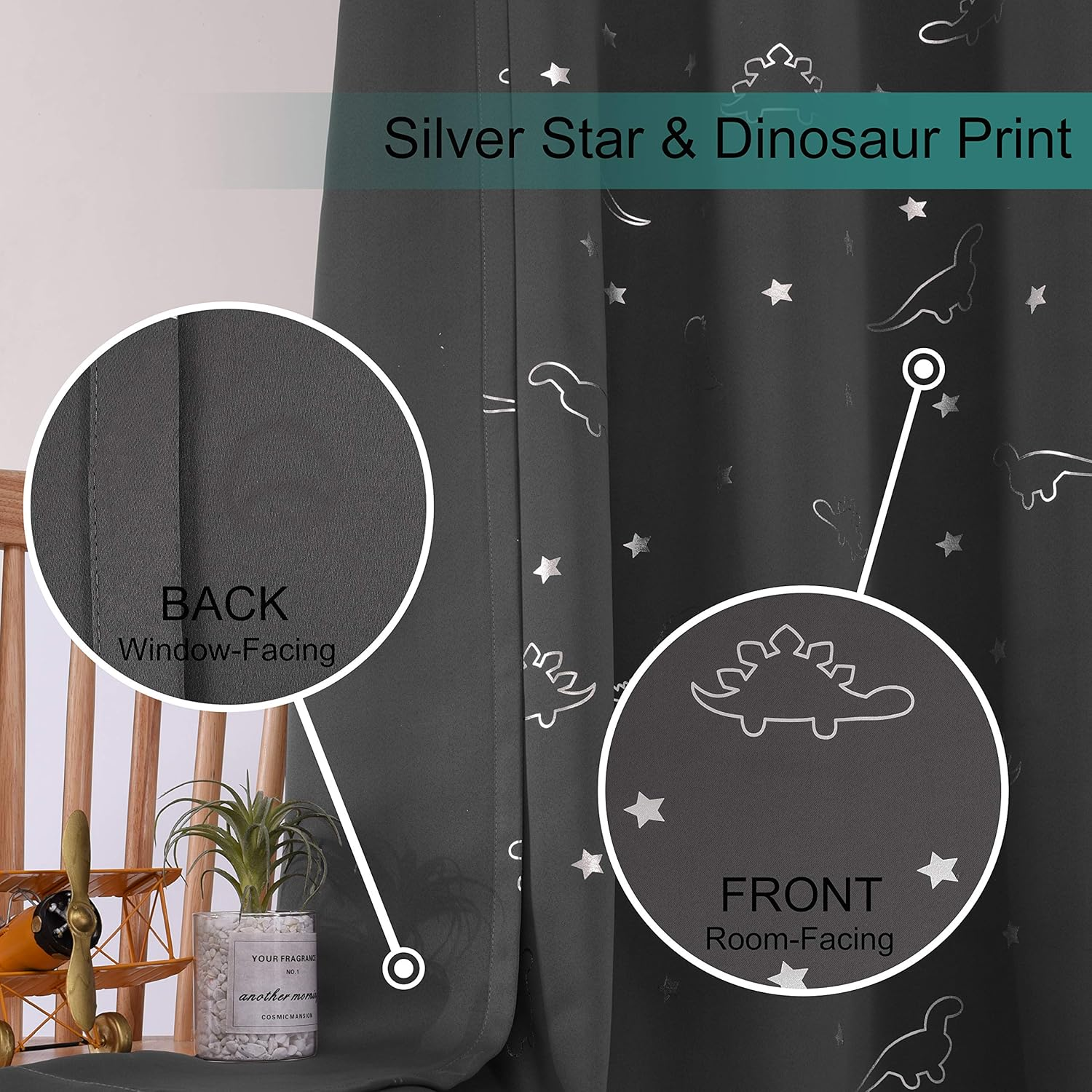 LORDTEX Dinosaur and Star Foil Print Blackout Curtains for Kids Room - Thermal Insulated Curtains Noise Reducing Window Drapes for Boys and Girls Bedroom, 42 X 63 Inch, Grey, Set of 2 Panels image number 6