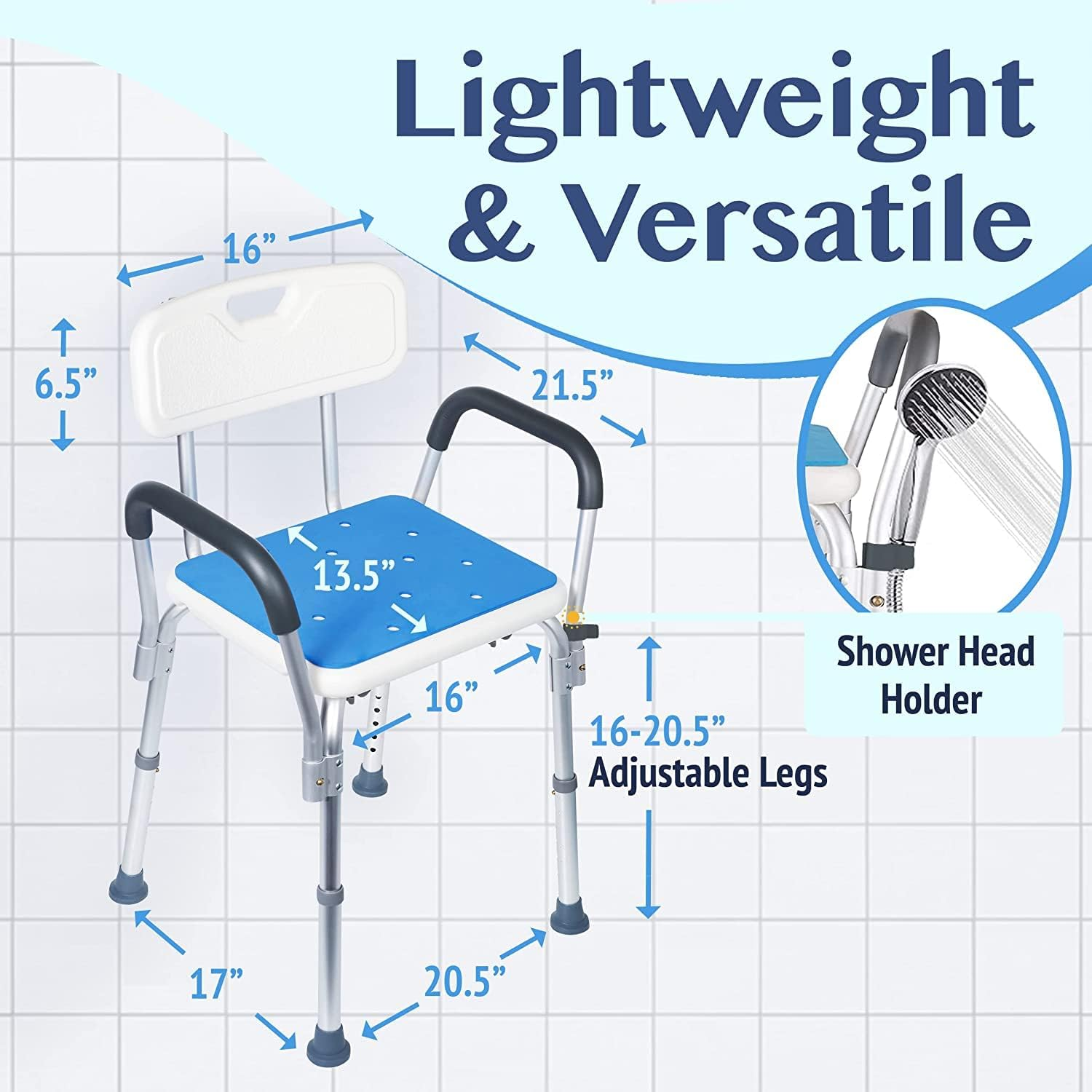 Joliling Adjustable Legs Shower Chair with Back,Aluminum Bath Chair with Anti-Slip Suction Cup, Portable Tool-Free Assembly, 330Lb Load,Suitable for Disabled, Pregnant Woman, Elderly
