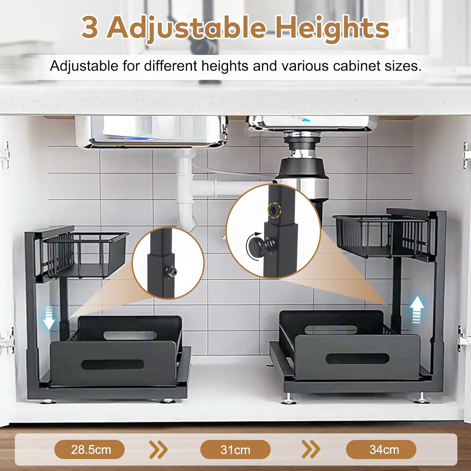 2 Pack under Sink Organiser, 2-Tier under Sink Storage Shelf Height Adjustable Durable Metal Sliding Drawers for Bathroom Kitchen Cabinet Storage under Sink Storage & Organisation (2 Pack Black) image number 6