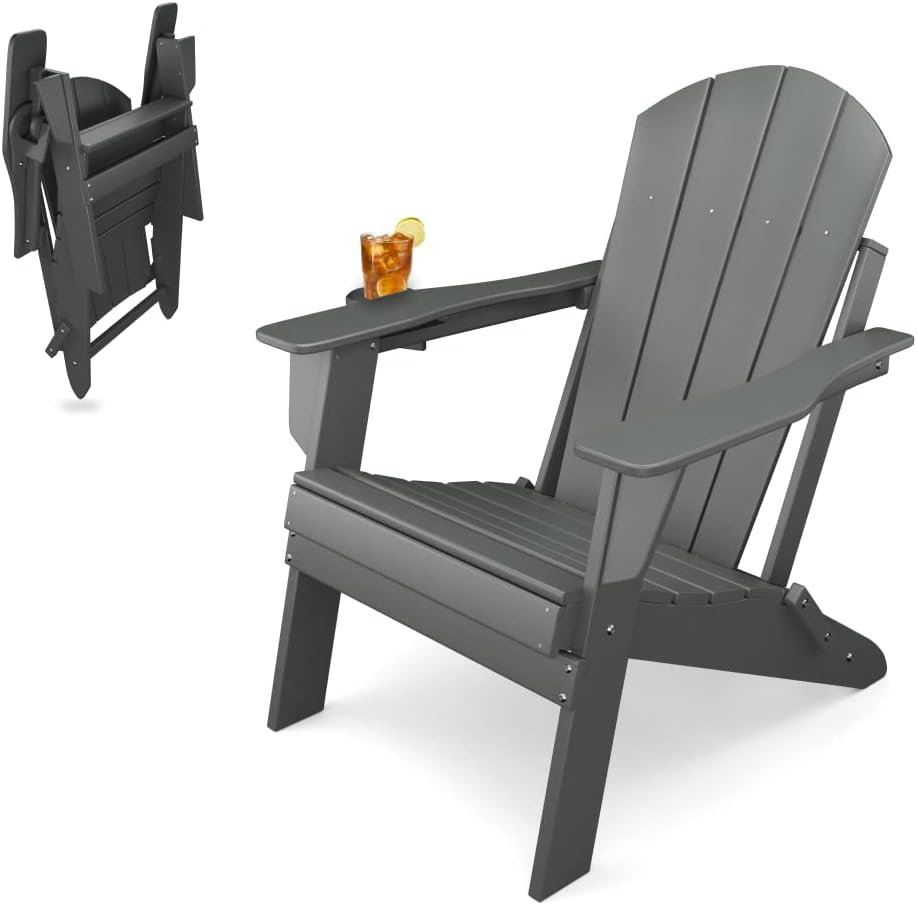 Sleek Space Adirondack Folding Chair for Garden, Patio or Deck - Arm Rests and Cup Holder - Lightweight, Weatherproof - Stylish, Durable Outdoor Furniture for Fire Pit, Beach, Poolside, Porch (Grey)