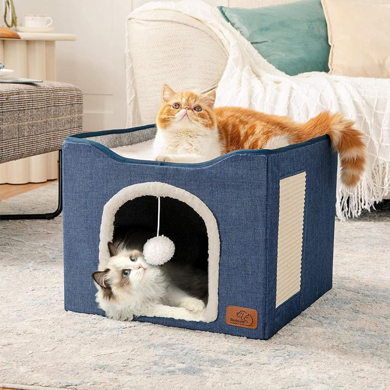 Agility Cat Bed for Indoor Large Cave with Fluffy Ball Hanging & Scratch Pad, Foldable Nest 41X41X35Cm (Blue)