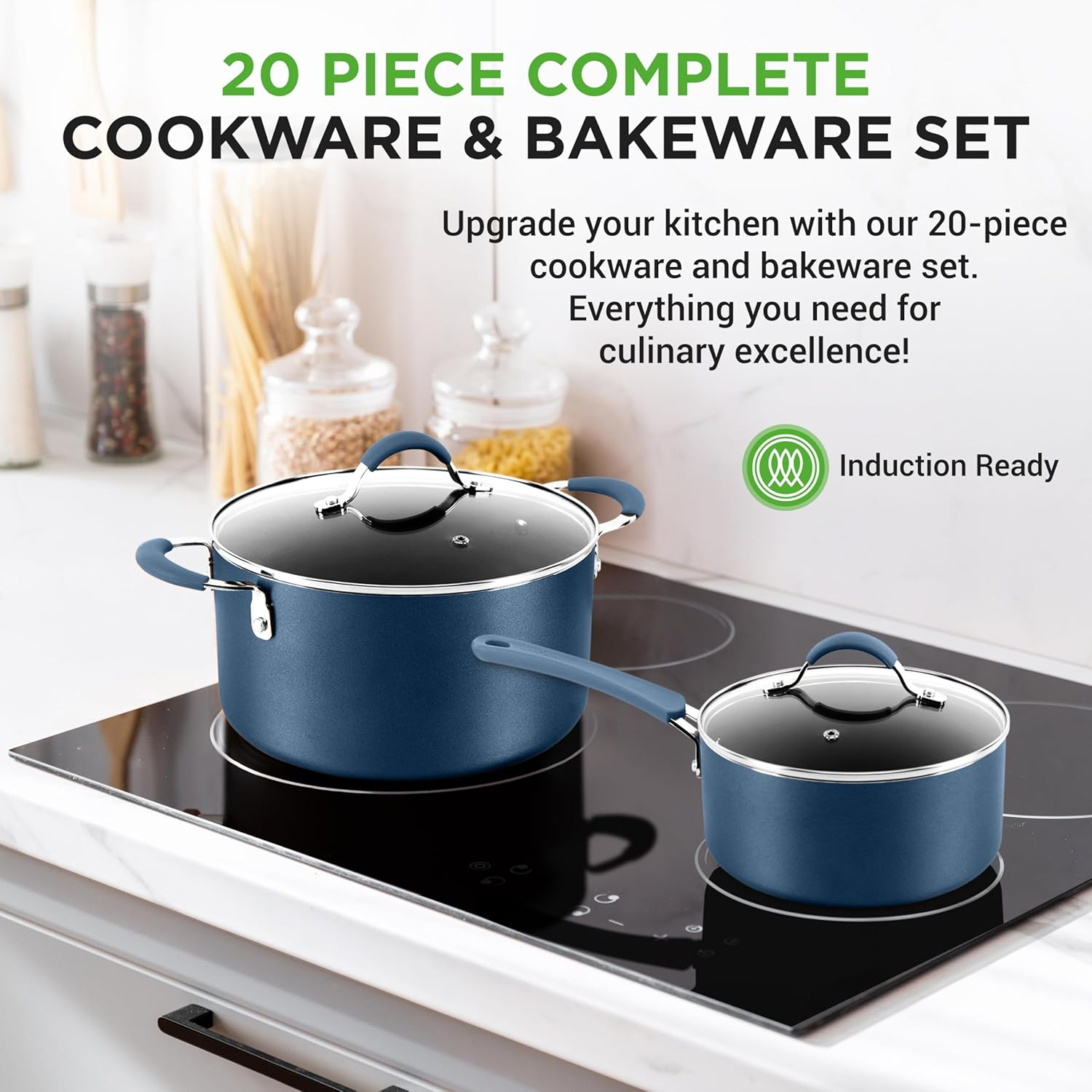 Nutrichef Cookware/Bakeware 20-Piece Set Includes a Saucepan, Frying Pans, Cooking Pots, Oven Pot, Lids, and Utensils. Nonstick, Ptfe/Pfoa/Pfos-Free, Heat-Resistant Silicone Handles, Navy Blue image number 3
