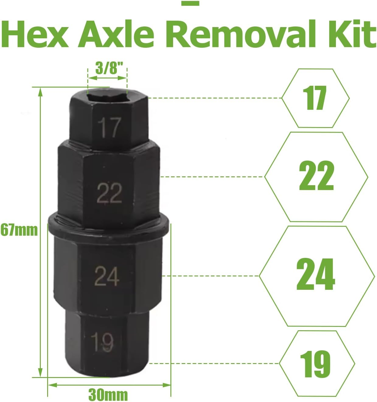Bestgle Motorcycle Axle Tool, 4 in 1 Motorcycle Hex Axle Removing Kit 3/8" Wheel Hub Hex Axle Spindle Socket Driver Removal Tool Universal Hex Allen Spindle Socket Adapter Set, 17/19/22/24Mm image number 4