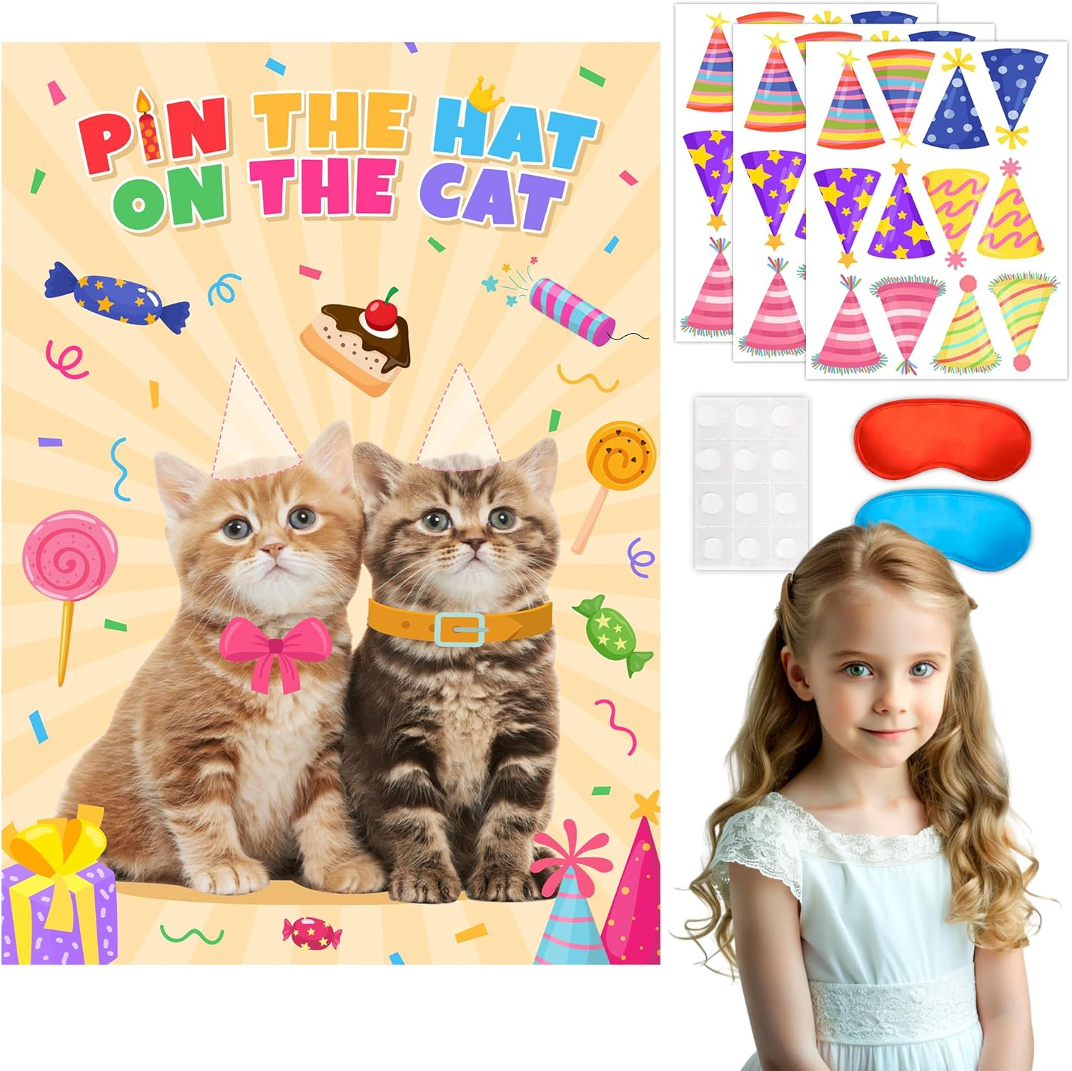 Pin the Hat on the Cat Party Games, 7 Pcs Cat Birthday Party Games Kit - Games Poster, Birthday Hat Stickers Etc Decorations Supplies image number 4