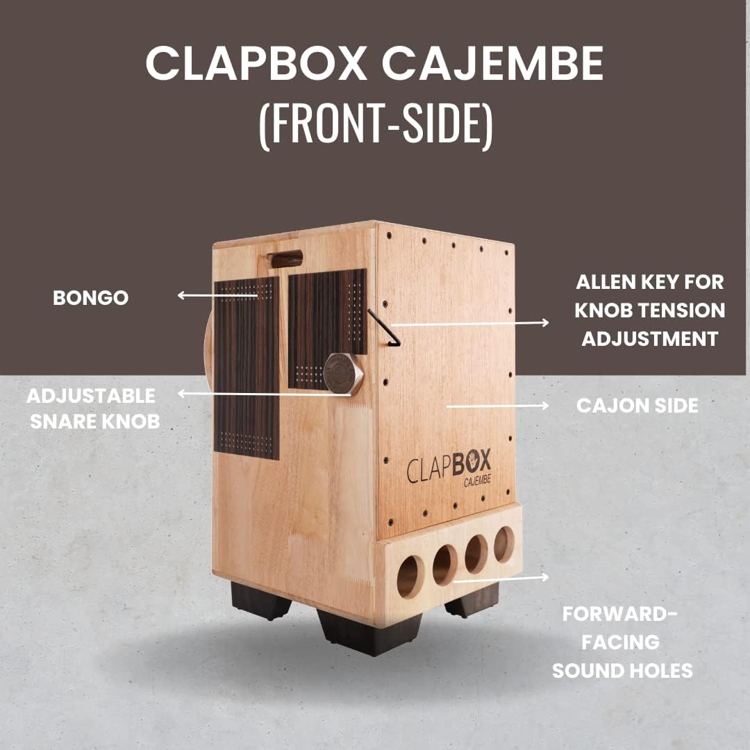 Clapbox Cajon Drum Birch Wood (Full Size) - NOT MADE in CHINA - 3-In-1 - Cajon + Bongo + Darbuka | Most Popular Percussion Brand Online (Natural, Cajembe)