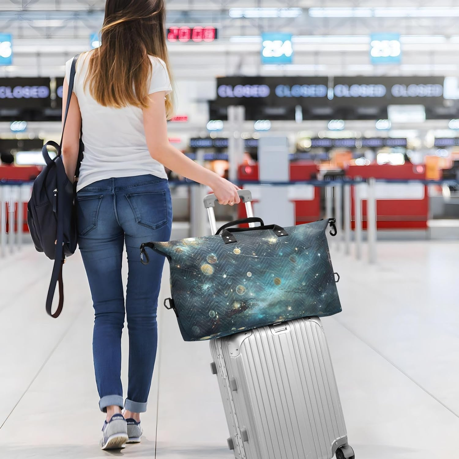 XYMZR Large Travel Duffel Bag, Space Galaxy Planet Sports Tote Gym Bag, Shoulder Weekender Overnight Bag for Women Men, Carry on Luggage with Toiletry Bags, Multi-Colored, Multi-Colored image number 6