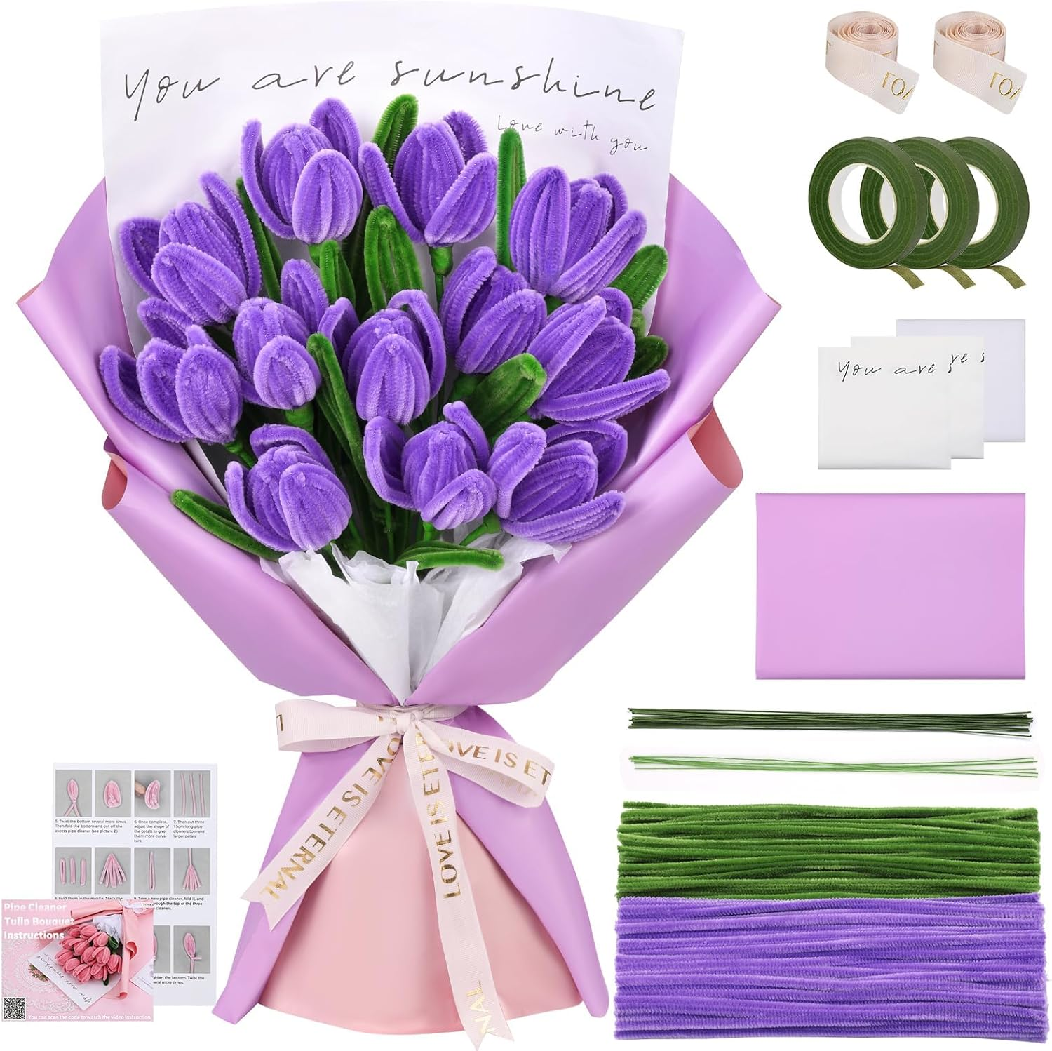 Pipe Cleaners Craft, Pipe Cleaner Flower Kit, Craft Pipe Cleaners, Chenille Pipe Cleaners with Wrapping Paper, Step-By-Step Video Tutorials for Birthday Home Decoration (Purple) image number 5