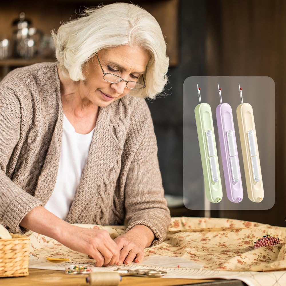 2 in 1 Needle Threader Seam Ripper, 2025 New Retractable Threader Plug-In Needle Threader, Thread Remover Tool for Hand Sewing, Knitting, Cross Stitch, Embroidery and Thread Removal (Purple) - 3Pcs image number 4