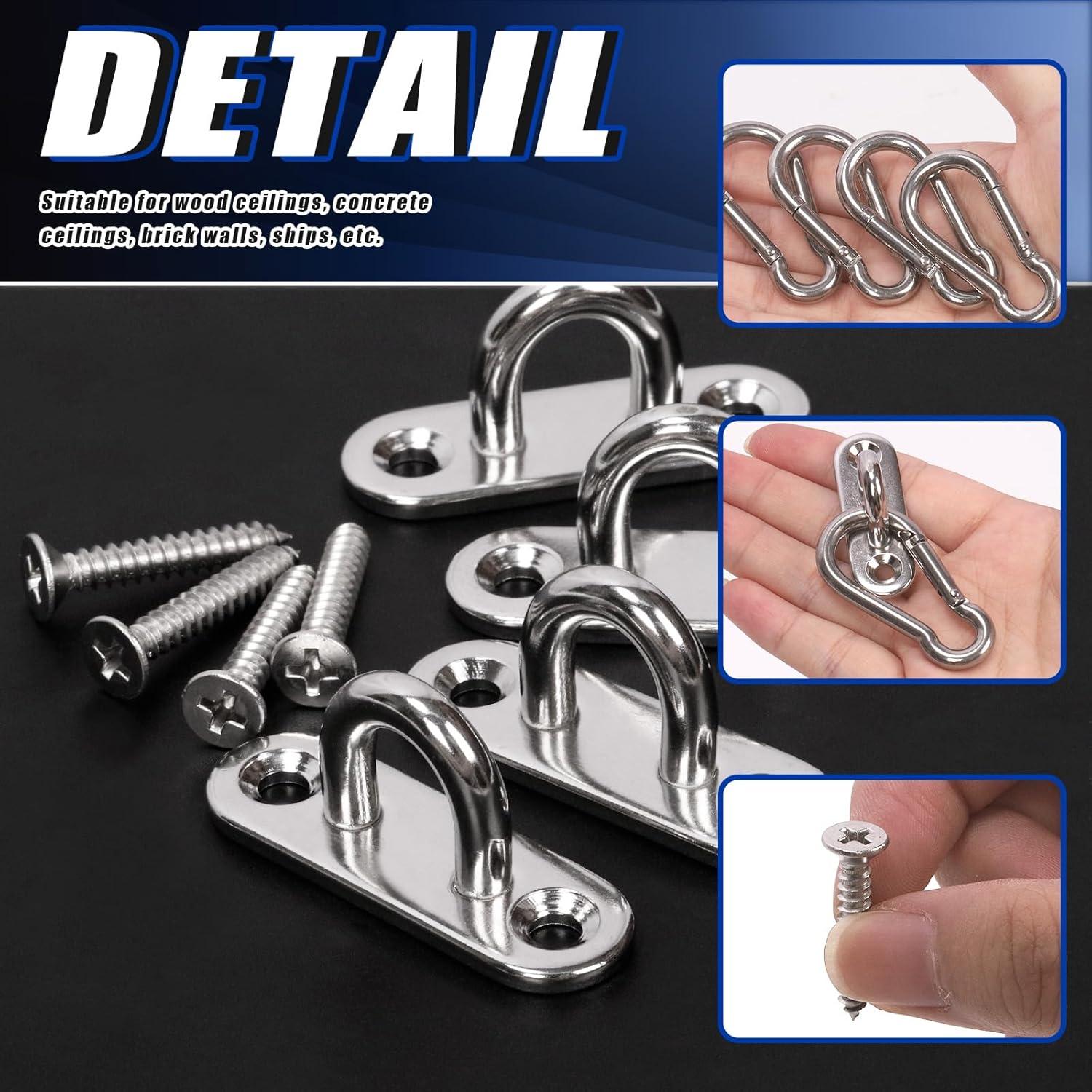 Glarks 4 Pack M5 Stainless Steel Pad Eye Plate Hook and Snap Hook Kit, Heavy Duty Eye Plate U Hooks Ring Hook Loop and Spring Snap Clips with Screws for Ceiling and Mounting Hanging Hardware image number 2