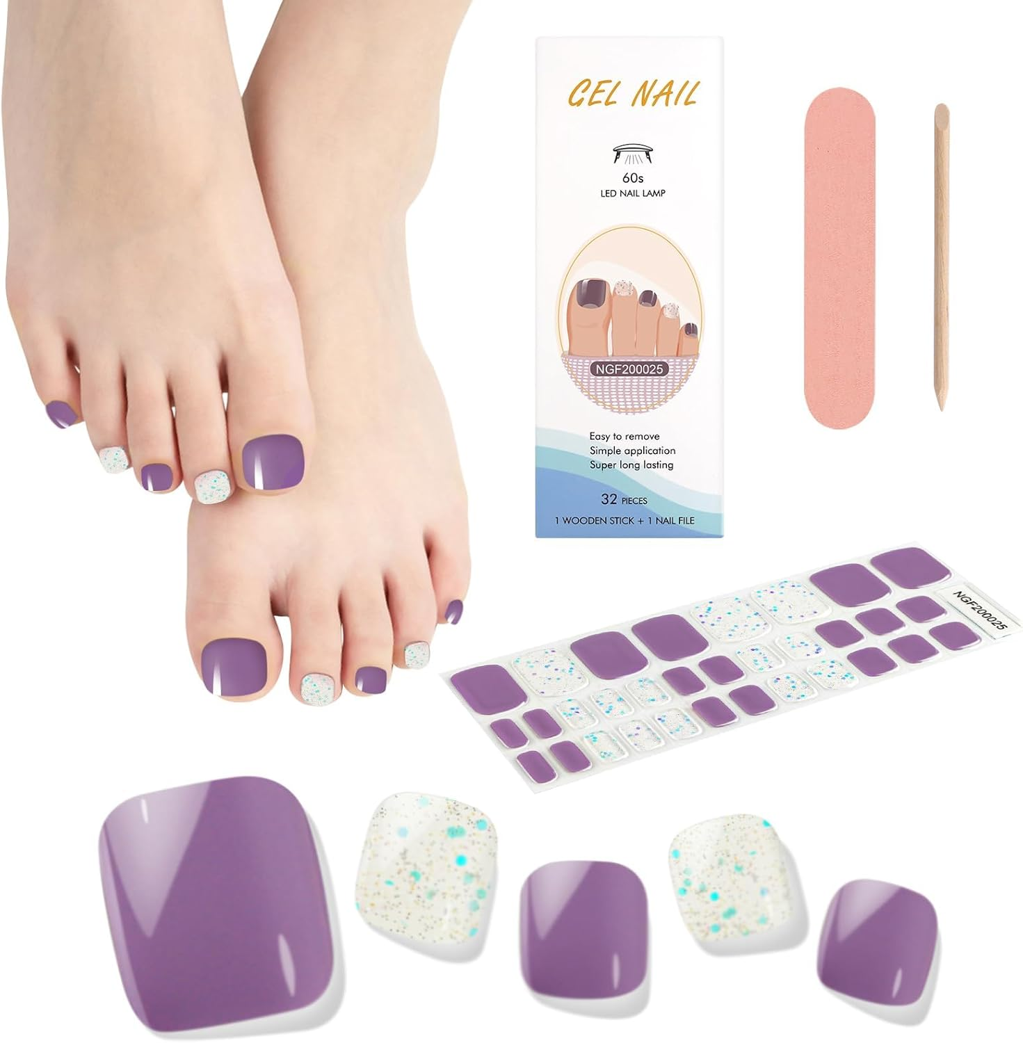 Kalolary Semi Cured Gel Toenail Strips,Toenail Stickers Pedicure Strips Long Lasting Salon Quality Nail Wraps with Nail File & Wood Stick(Uv/Led Lamp Required image number 3