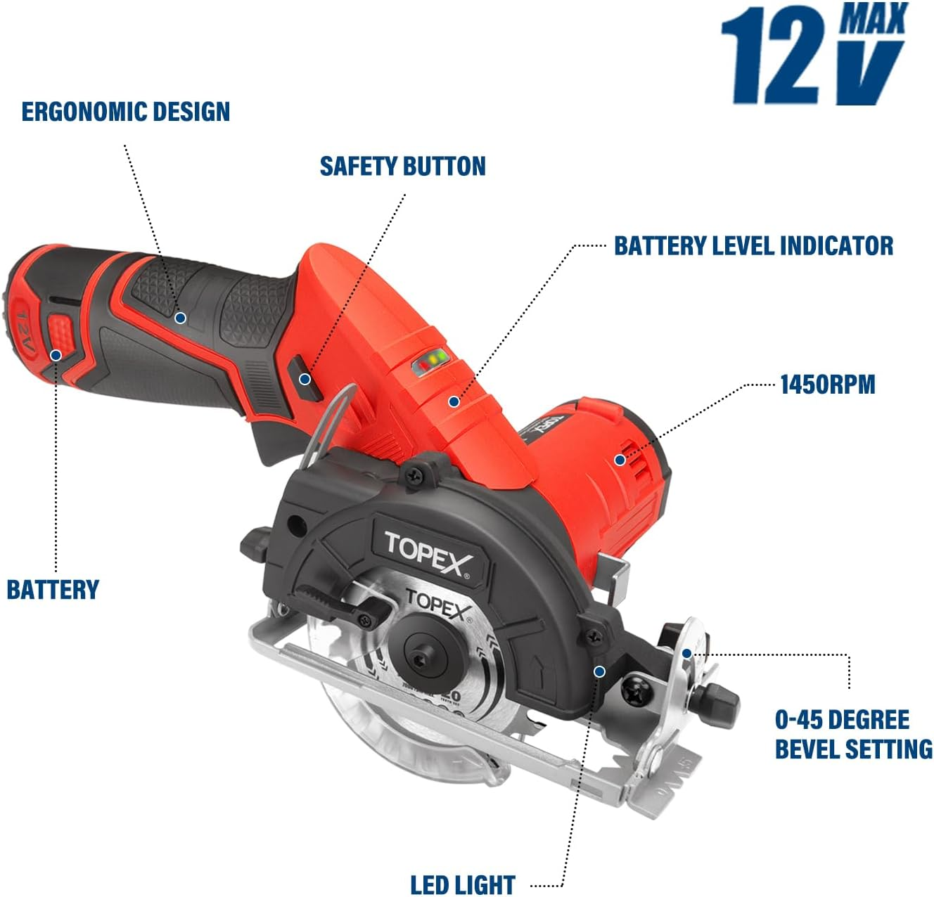 TOPEX 12V Cordless Circular Saw Lithium-Ion LED Torch W/Battery & Charger image number 5