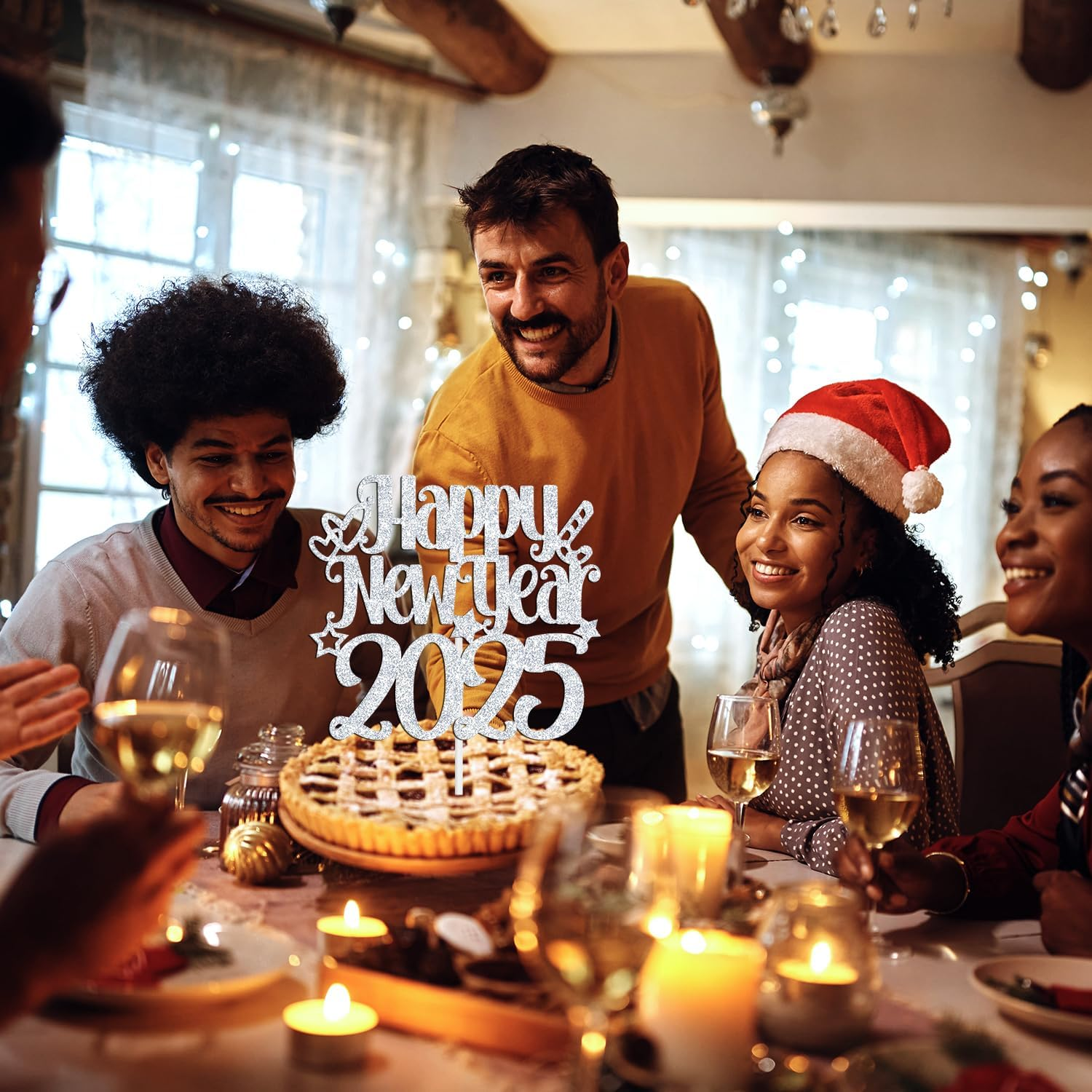 Happy New Year 2025 Cake Topper, Happy Holiday/Merry Christmas Cake Decor, New Year'S Eve Festival Party Decoration Suppllies, Silver Glitter image number 4