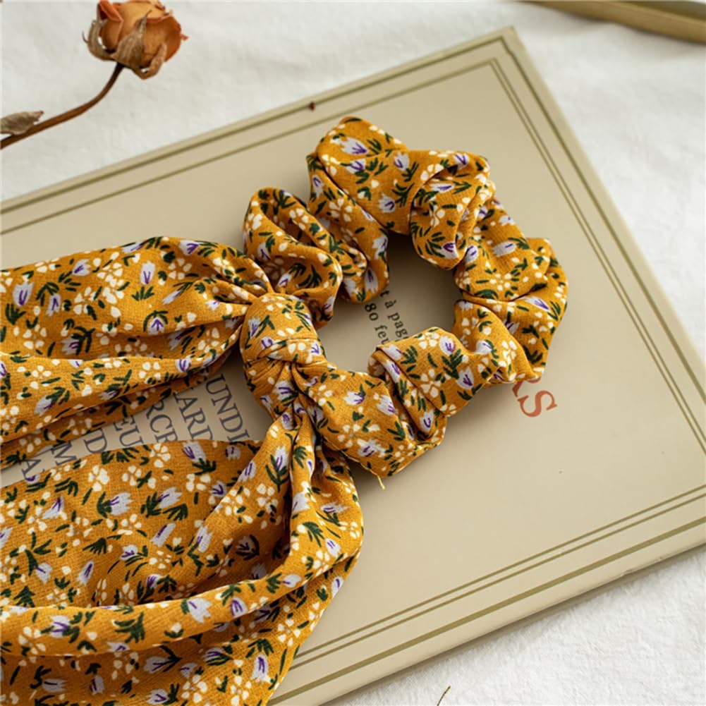 5 Pack Floral Hair Scarf Scrunchies, Floral Bowknot Hair Ties, Chiffon Scarf Ribbon Ponytail Holders, Flowy Bow Tie Hair Ropes Long Hair Accessories (Multi-Color)