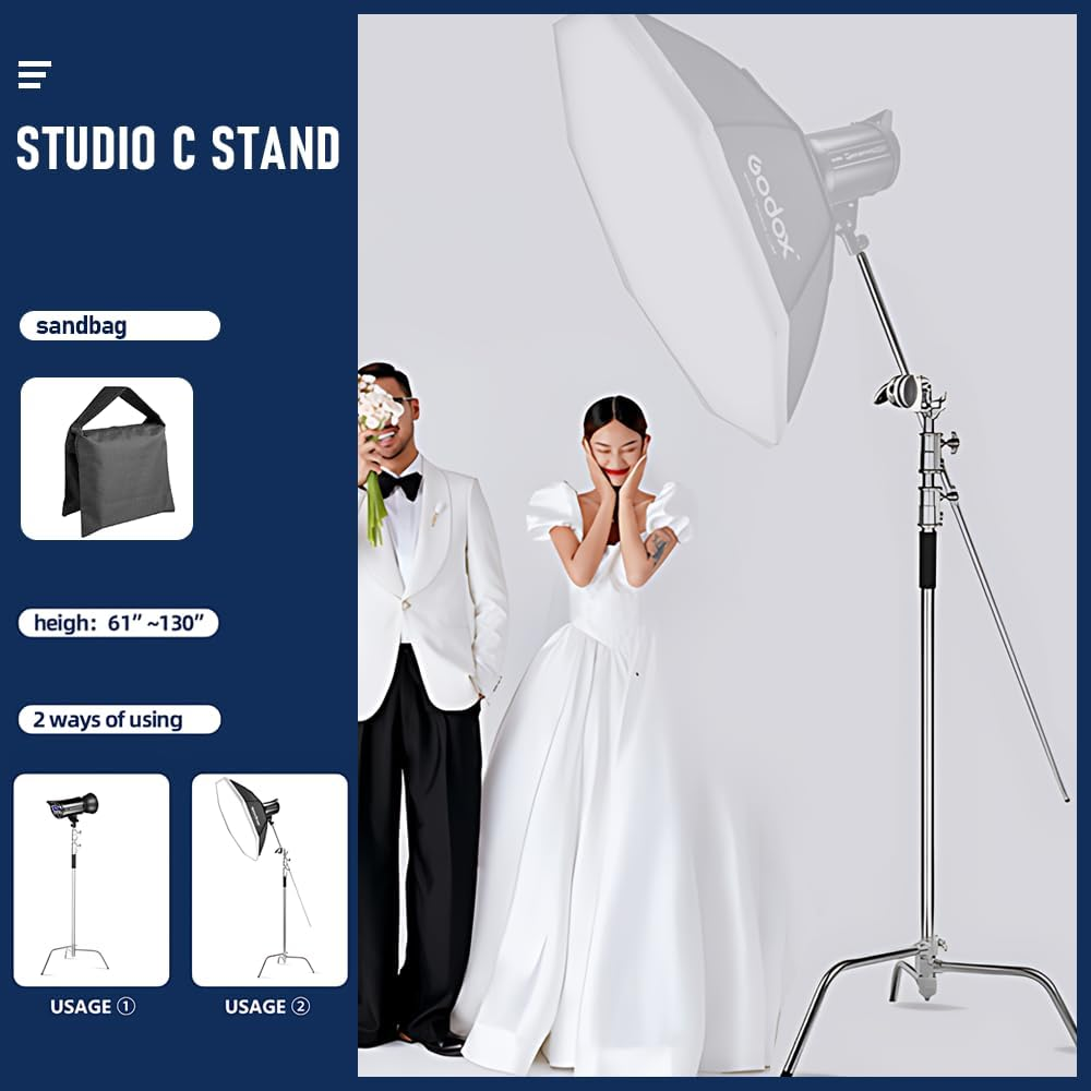 Studio Light Stand Heavy Duty Stainless Steel C Stand 1.5-3.3M Adjustable Light Stand, Photography Light Stand with Boom Arm Grip Head Sandbag, for Reflectors Softboxes Monolights Umbrellas image number 4