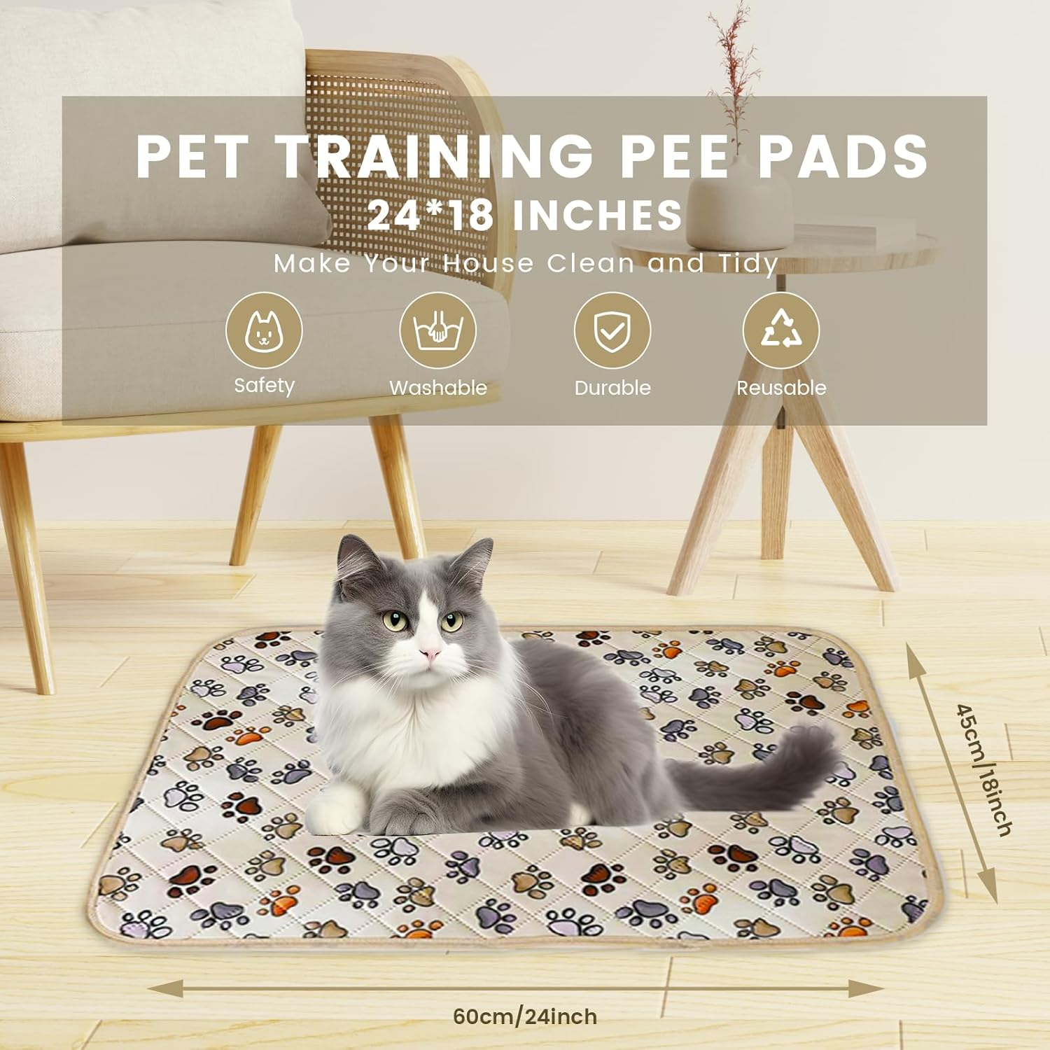 Tawyot Washable Pee Pads for Dogs 2 Pack Reusable Puppy Pads Waterproof Protect Floors Potty Crate Great for Dog Cat Rabbits Small Breeds Color Paw 24 Inch image number 1