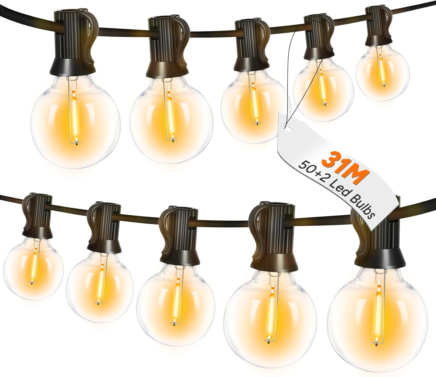 Roshin 31M Festoon Lights Outdoor 50+2 with 3M Extension Cord - Outdoor String Lights Waterproof and Shatterproof Fairy Light for Christmas, Garden, Party, Camping, Backyard, Patio (G40) image number 3