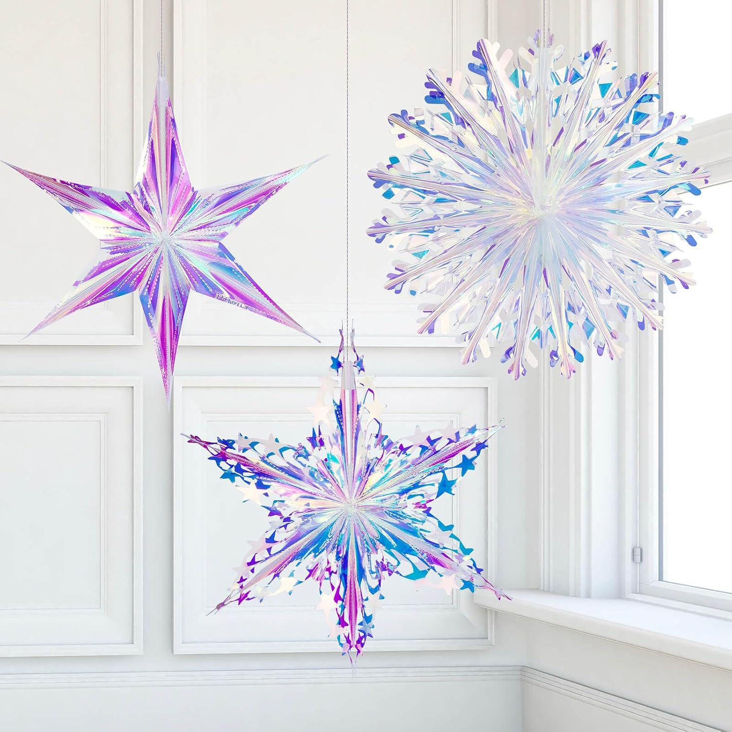 3PCS Iridescent Decoration Ornaments Hanging Decorations, Iridescent Snowflakes Fan, Starry Snowflake, Hexagram Stars Garland for Home Decorations Wedding Birthday Christmas Parties, Vomika image number 6