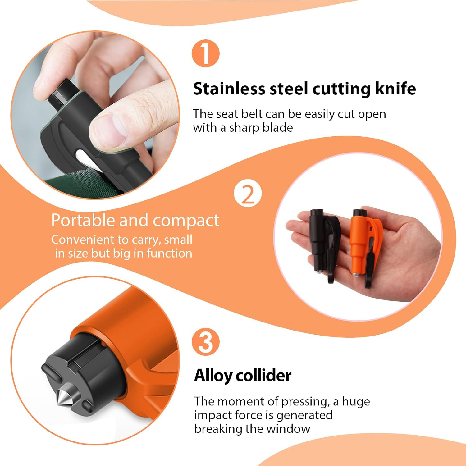 Ozessence 2 Car Window Breaker, 2-In-1 Emergency Keychain Car Escape Tool with Seatbelt Cutter, Simple Operation Crushed by One Press (Black/Orange image number 2