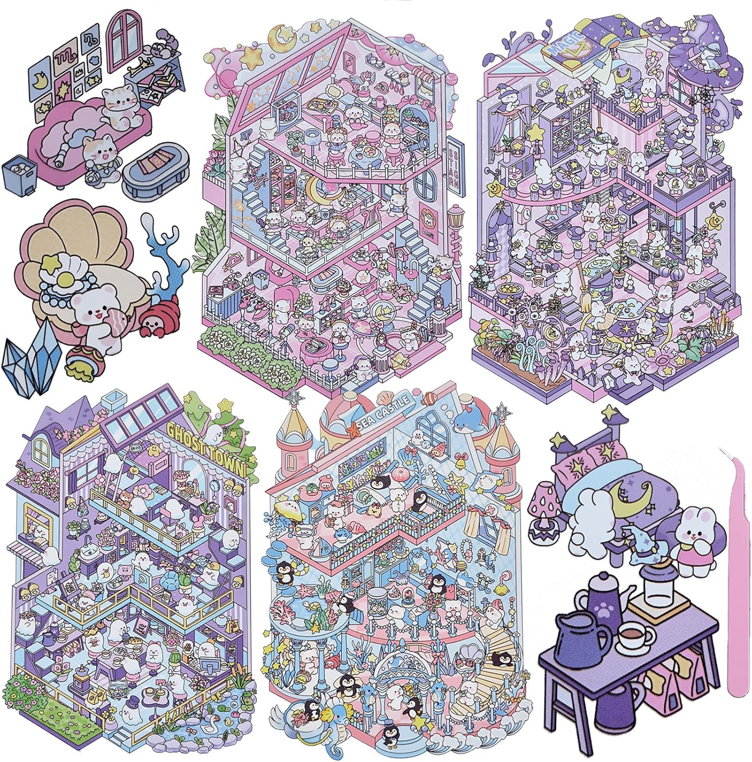 4 Sets DIY 3D House Sticker Big Scene of Stickers for Girls Make Your Own Mini Shop Scenes Stickers for Kids Cute Cartoon Animal Sticker for Adult Relief Stress Pass the Time (Big-1)