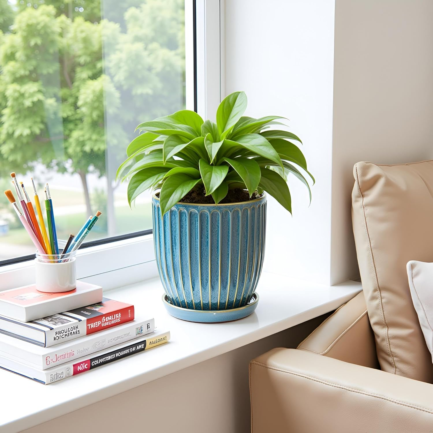 6 Inch/15 Cm Glaze Blue Ceramic Plant Pots with Drain Hole & Saucer, Flower Pots for Indoor/Outdoor Plants - Succulent, Snake Plant, Money Tree, Aloe Vera, Basil Planter