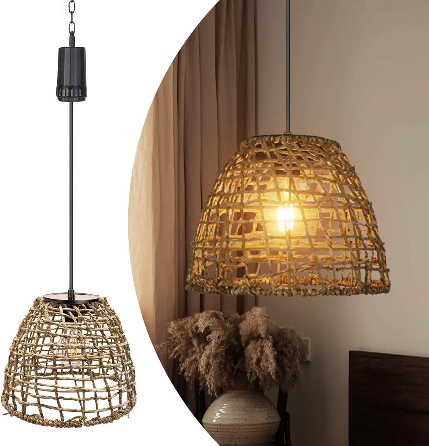 Pearlstar Hanging Lamp with Battery, Battery Operated Rattan Lamp, Hanging 6 Hour Timer, Outdoor Indoor Ceiling Light, Lantern Pendant Light for Patio, Garden, Patio, Living Room, Dining Table image number 5