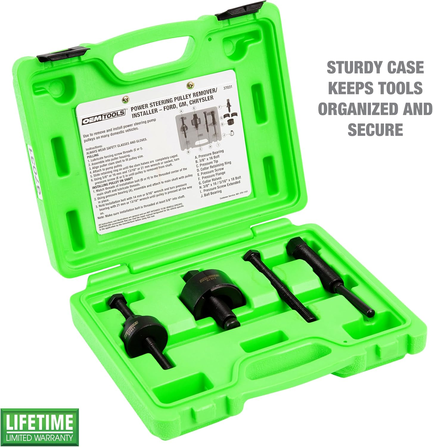 OEMTOOLS 37031 Power Steering Pulley Puller and Installer Kit, Removes and Installs Power Steering Pump Pulleys on Most Domestic Vehicles, Ford, GM, VW, Green image number 1