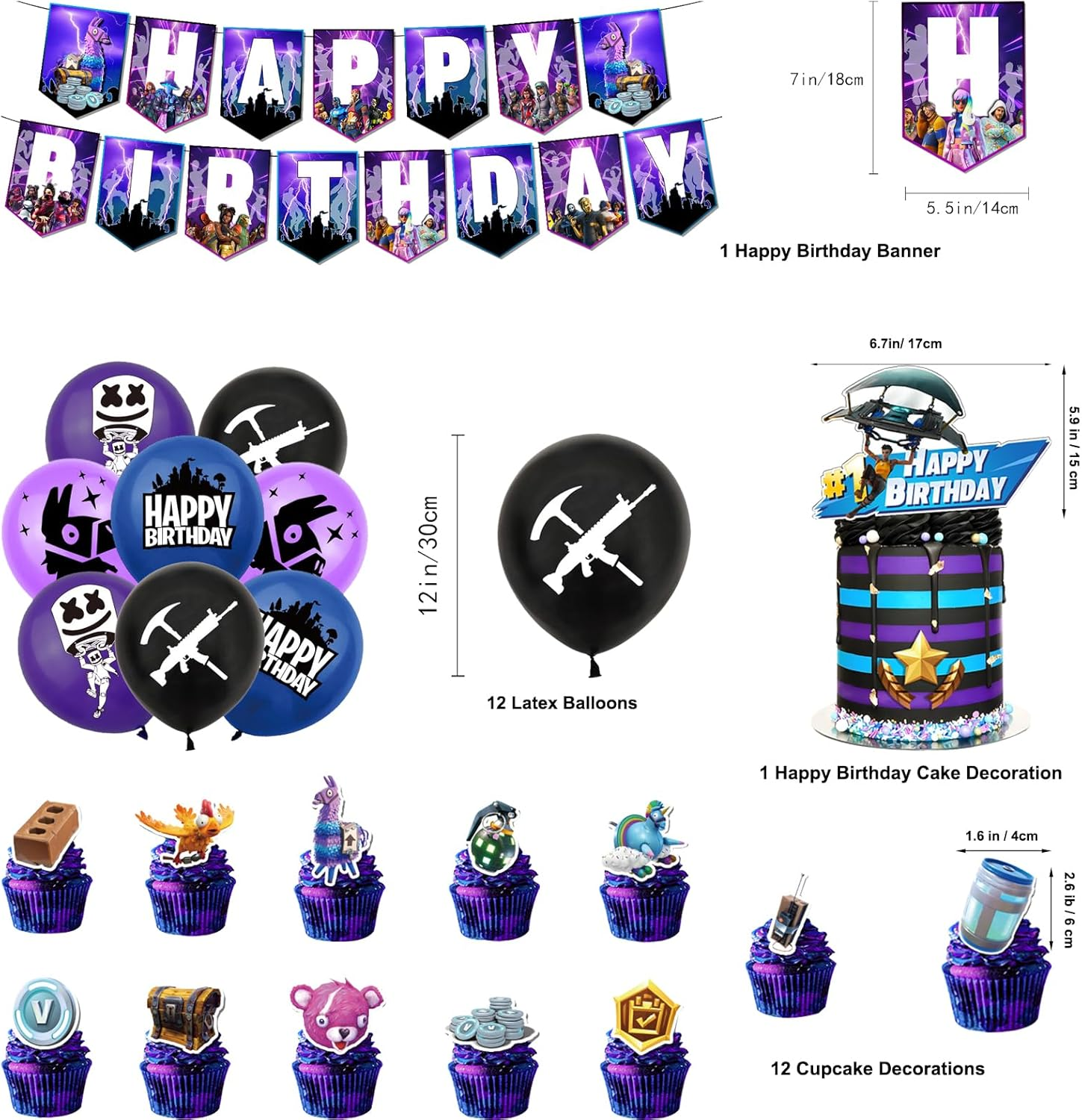 Doyomtoy Game Theme Birthday Cake Decoration Pack, 30 Pieces, Includes 1 Happy Birthday Banner, 16 Latex Balloons, 1 Large Cake Decoration, 12 Small Toppers, Purple, Video Game, Cartoon Pattern image number 1