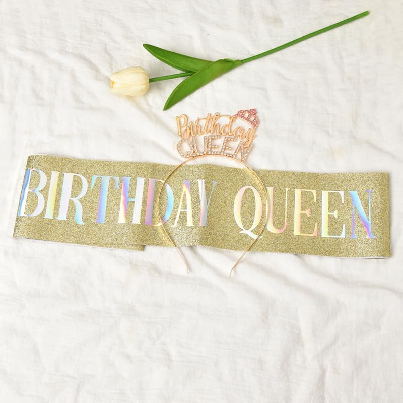 Birthday Queen Headband Crown and Sash Gold Birthday Tiara Headpiece with Rhinestones B-Day Gifts for Women Wife Her Happy Birthday Party Decorations Favors Accessories image number 2