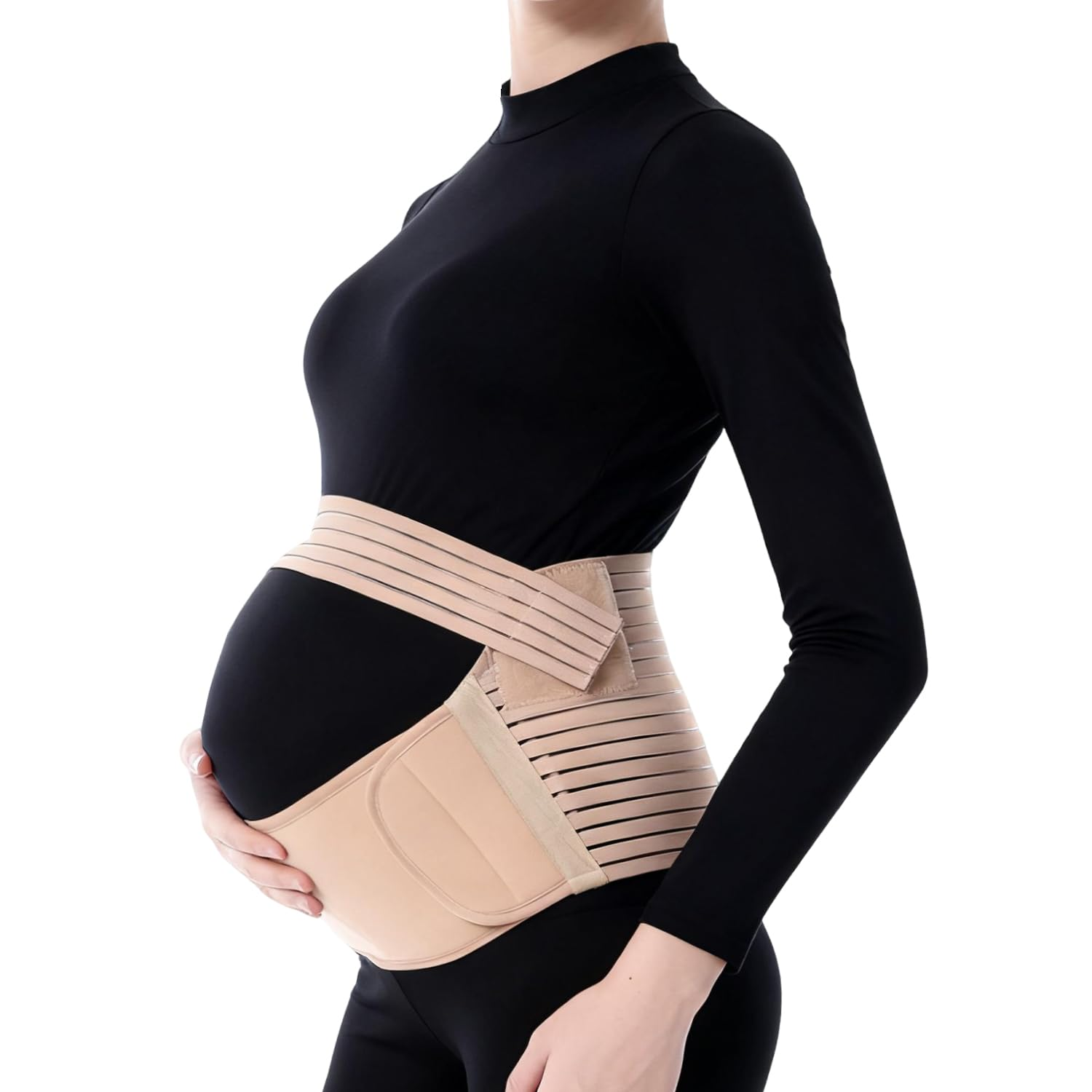 Yakiter Maternity Belt, 3 in 1 Pregnancy Belly Support Band, Waist/Back/Abdomen Band, Breathable Mesh, Gentle Compression, Ultra Soft, Pain Relief (Beige) image number 2