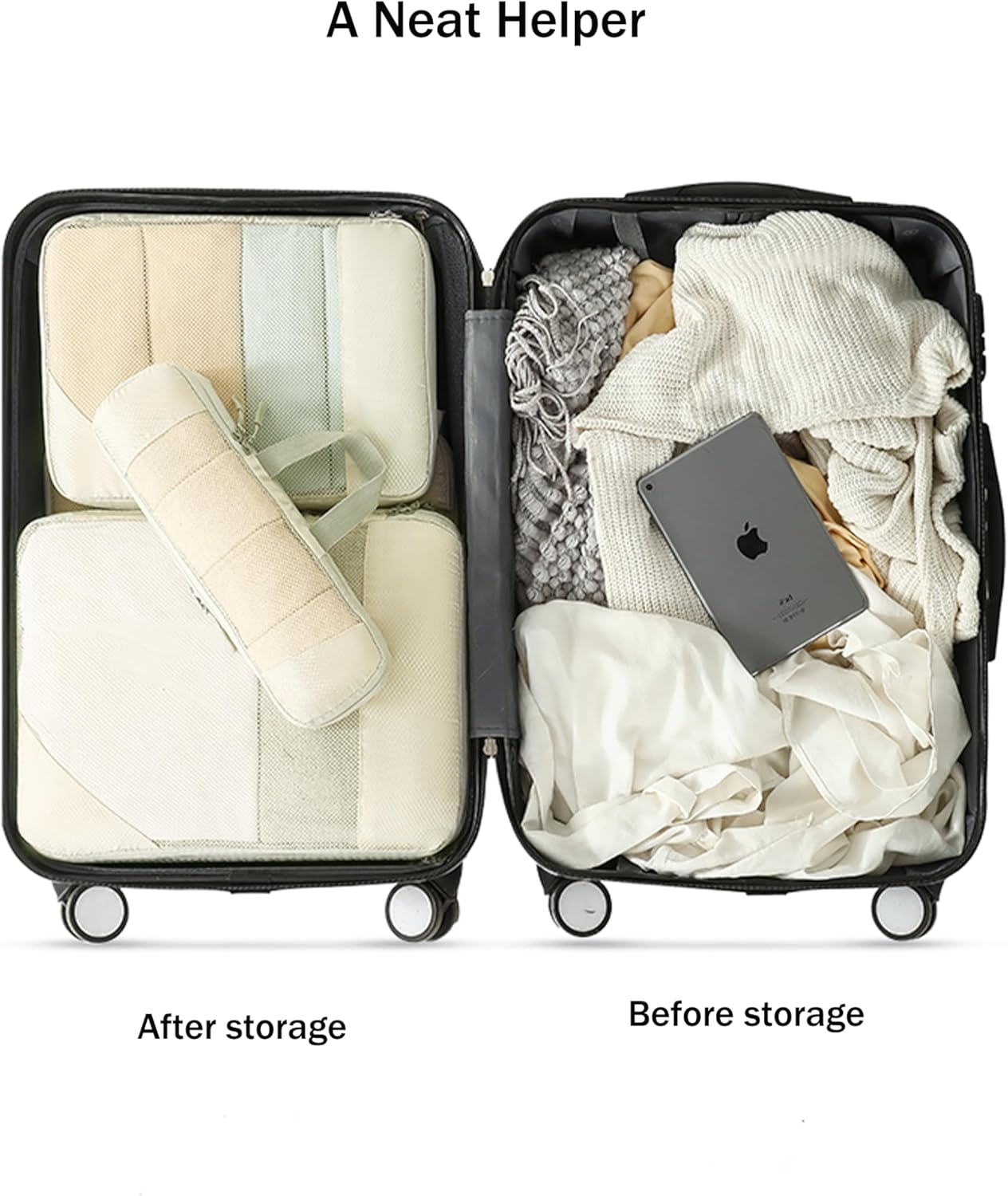 JOZUTTOW Nylon Compression Packing Cubes, Set of 8 Travel Organizer Bags with Recompression Design, Water-Repellent Fabric, Mesh Design, Zipper Closure, Beige