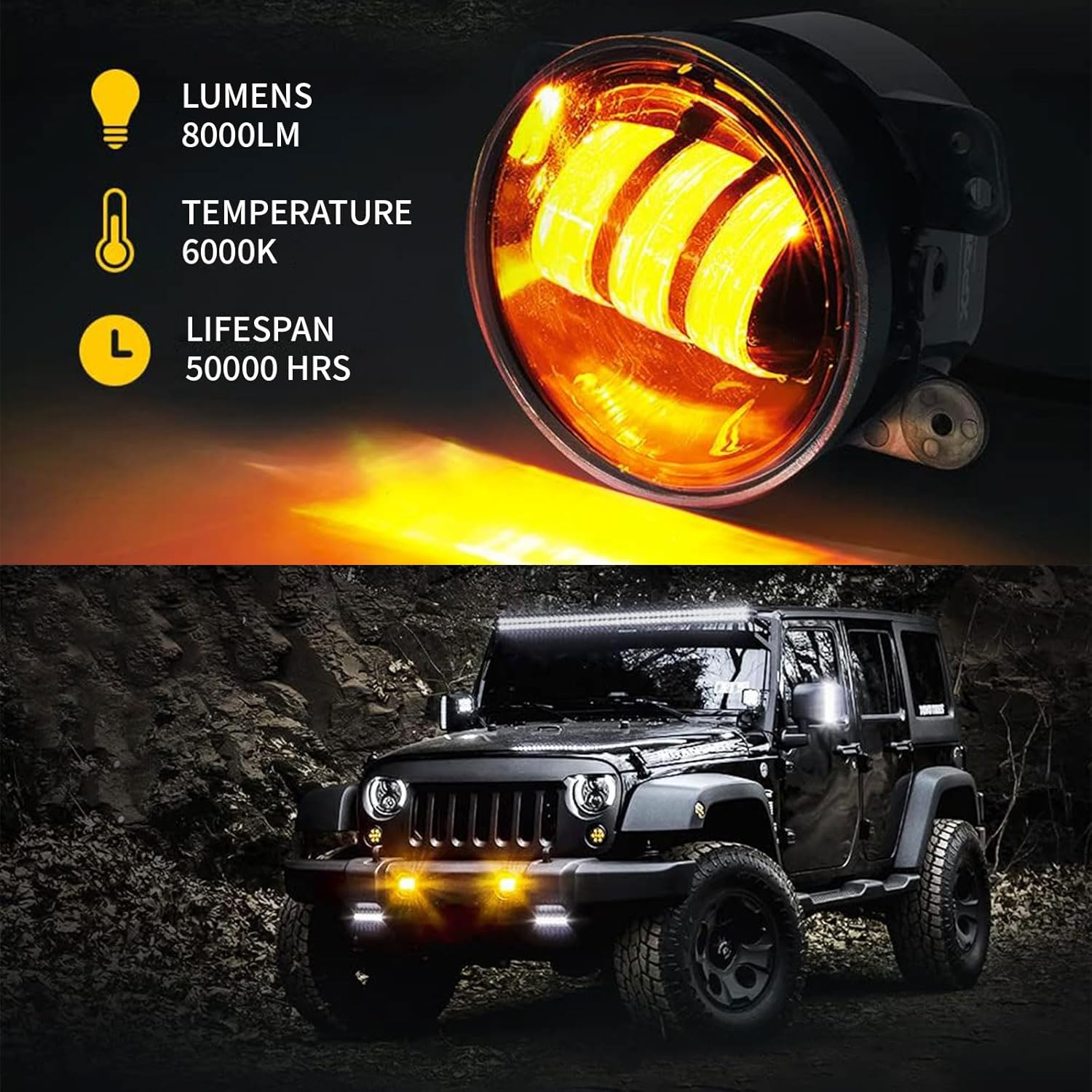 4 Inch Dual-Color Halo Fog Lights for Wrangler JK & Gladiator &ndash; Bright, Waterproof, Easy to Install &ndash; Ideal for Offroad and Daily Driving image number 2