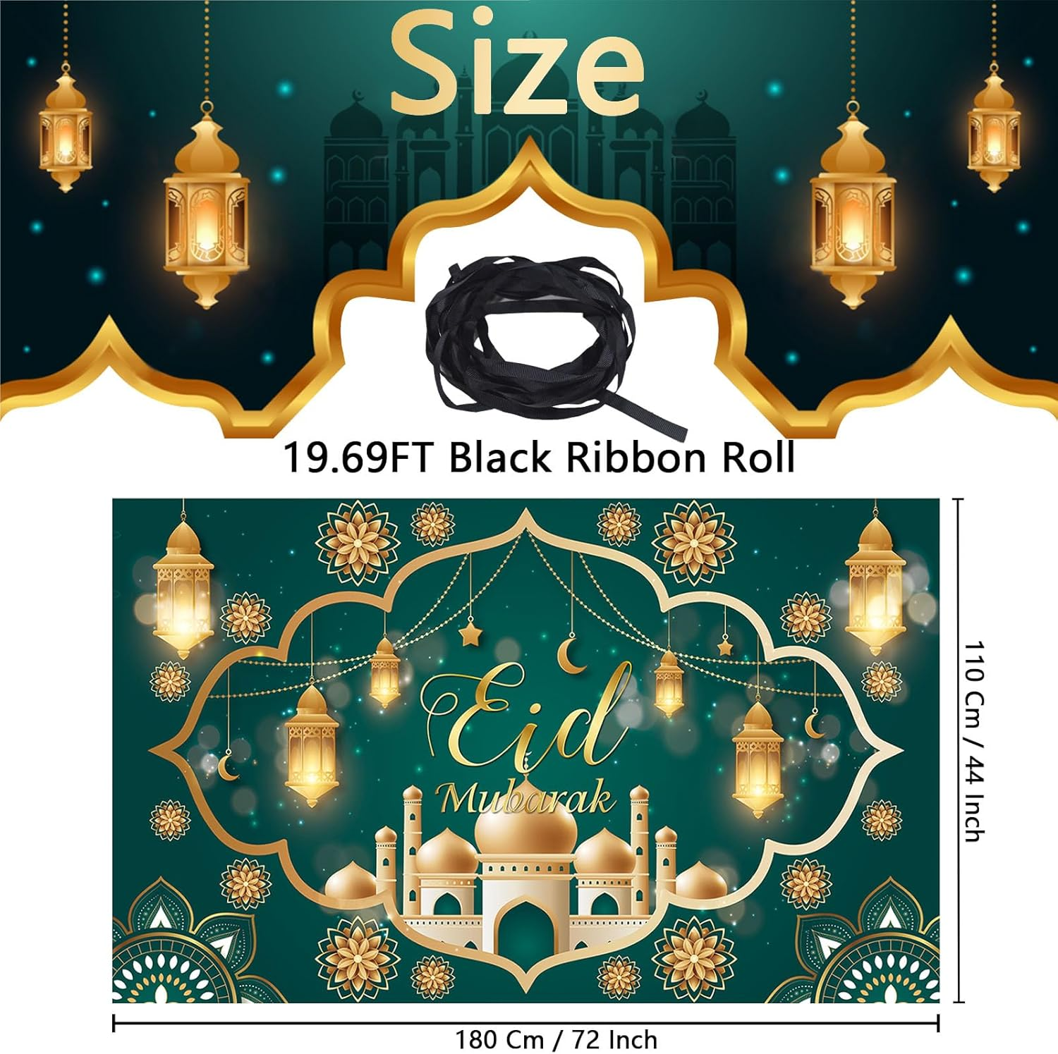 Eid Mubarak Banner 2025, Extra Large Fabric Ramadan Kareem Backdrop for Decorations, 72 X 44 Inch Star Moon Lanterns Castles Photo Booth Background for Islamic Muslim Al-Fitr Party Supplies image number 1