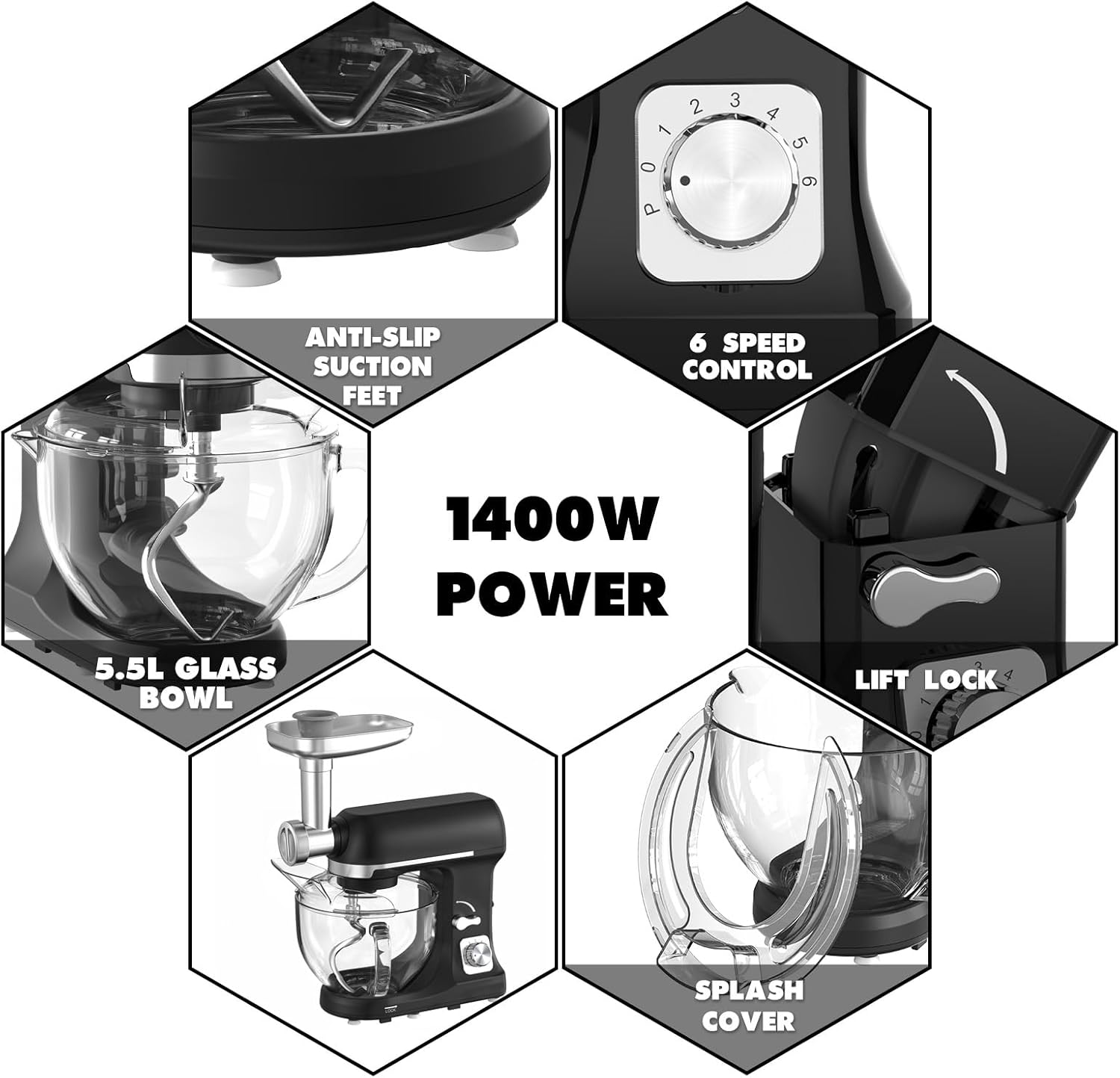 YOPOWER Stand Mixer, 6-Speed Multi-Function Food Processor & Kitchen Machine with Dough Hook, Whisk, Beater, Pasta Maker, Meat Grinder & Sausage Stuffer, Electric Food Mixer for Baking & Cooking image number 6